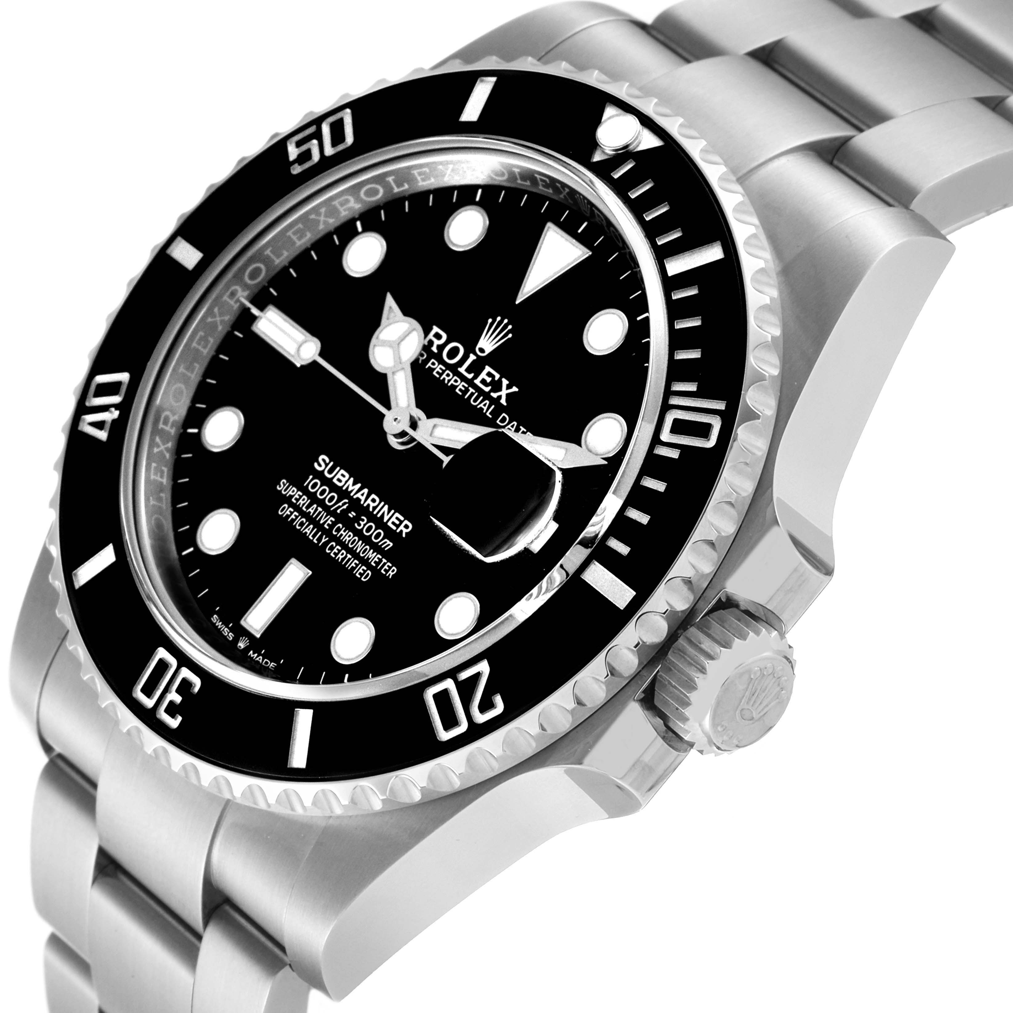 This Rolex Submariner 126610 Men
s Stainless Steel Black Dial 126610 Men
s Stainless Steel Black Dial watch is shown from an angled top view, highlighting its bezel, dial, bracelet, and crown.