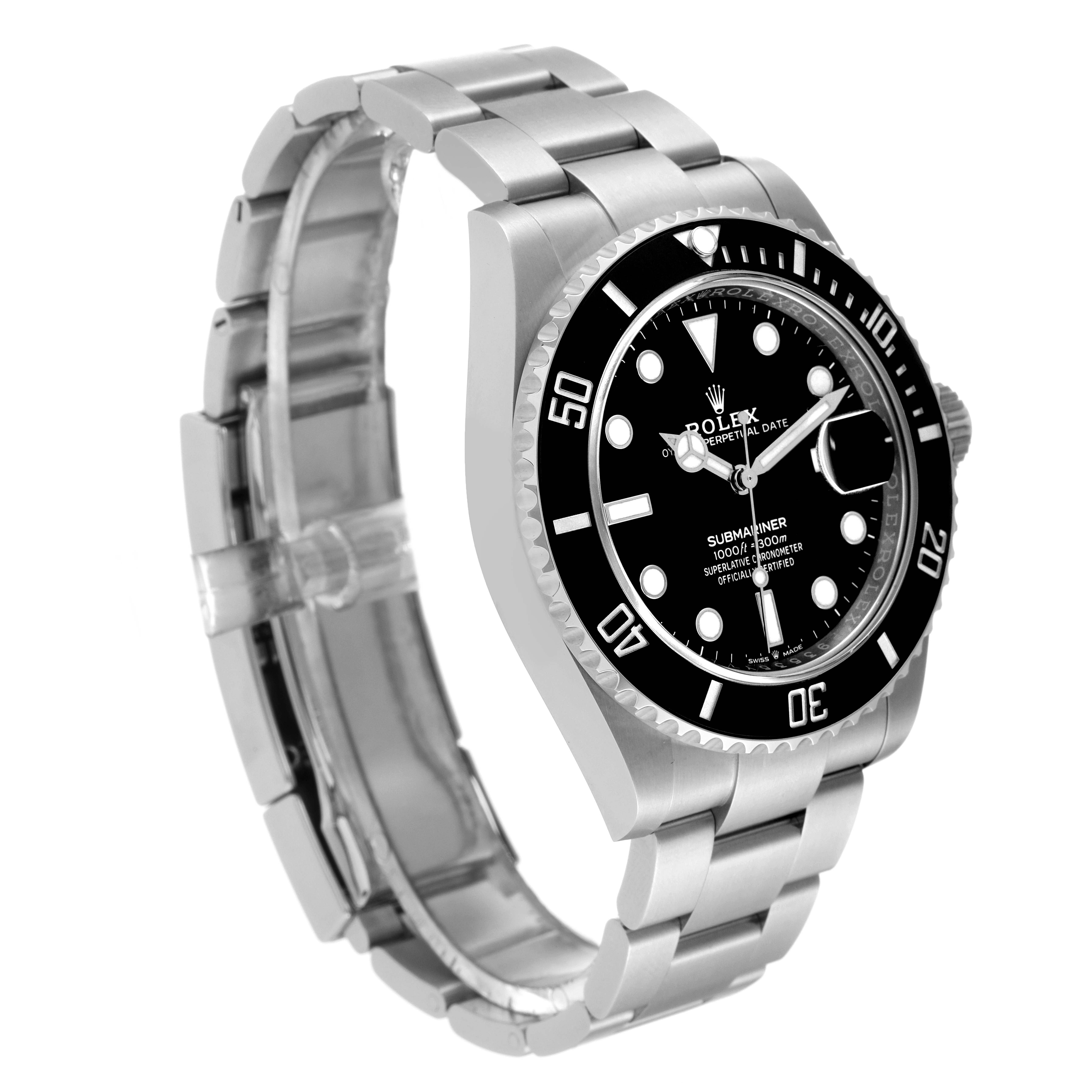 The Rolex Submariner 126610 Men
s Stainless Steel Black Dial 126610 Men
s Stainless Steel Black Dial watch is angled to show the face, bezel, and part of the bracelet.