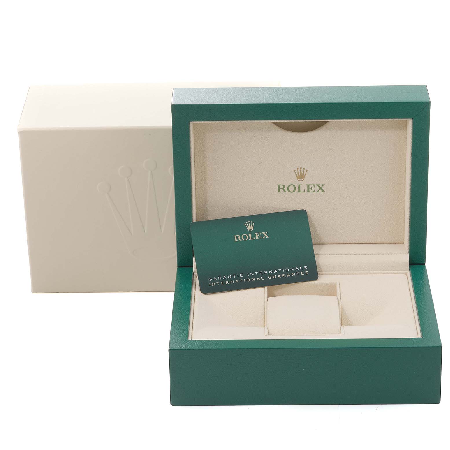 The image shows a green Rolex Submariner 126610 Men
s Stainless Steel Black Dial 126610 Men
s Stainless Steel Black Dial watch box and warranty card, with the cream interior and outer box.