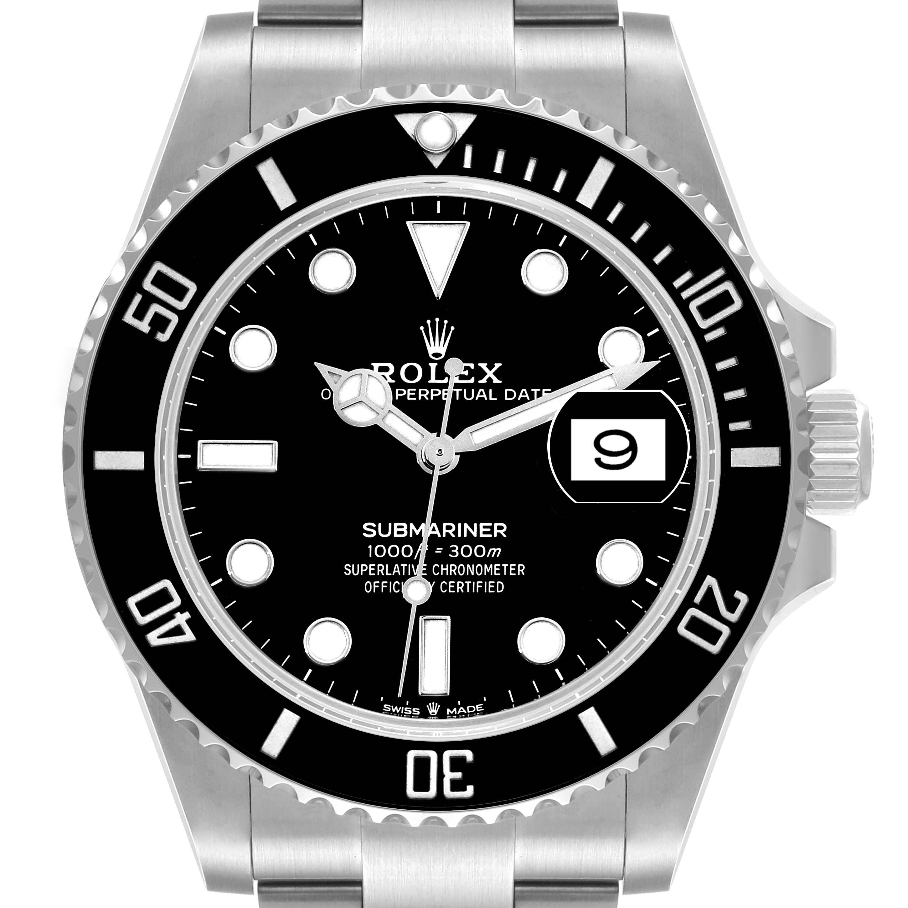 The image shows a front view of the Rolex Submariner 126610 Men
s Stainless Steel Black Dial 126610 Men
s Stainless Steel Black Dial watch, highlighting the watch face, bezel, and bracelet.