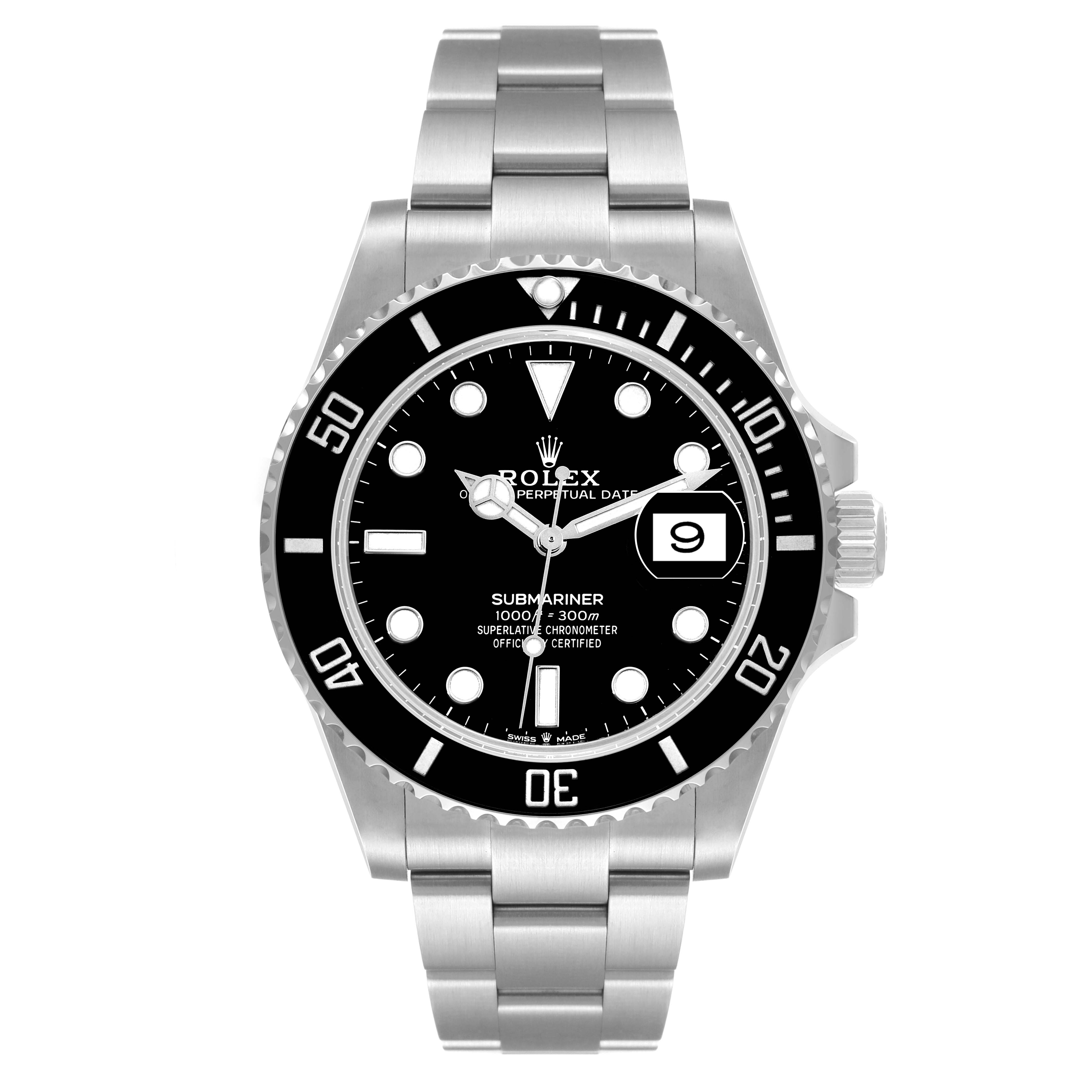 The image shows a front view of a Rolex Submariner 126610 Men
s Stainless Steel Black Dial 126610 Men
s Stainless Steel Black Dial watch, displaying its dial, bezel, and stainless steel bracelet.