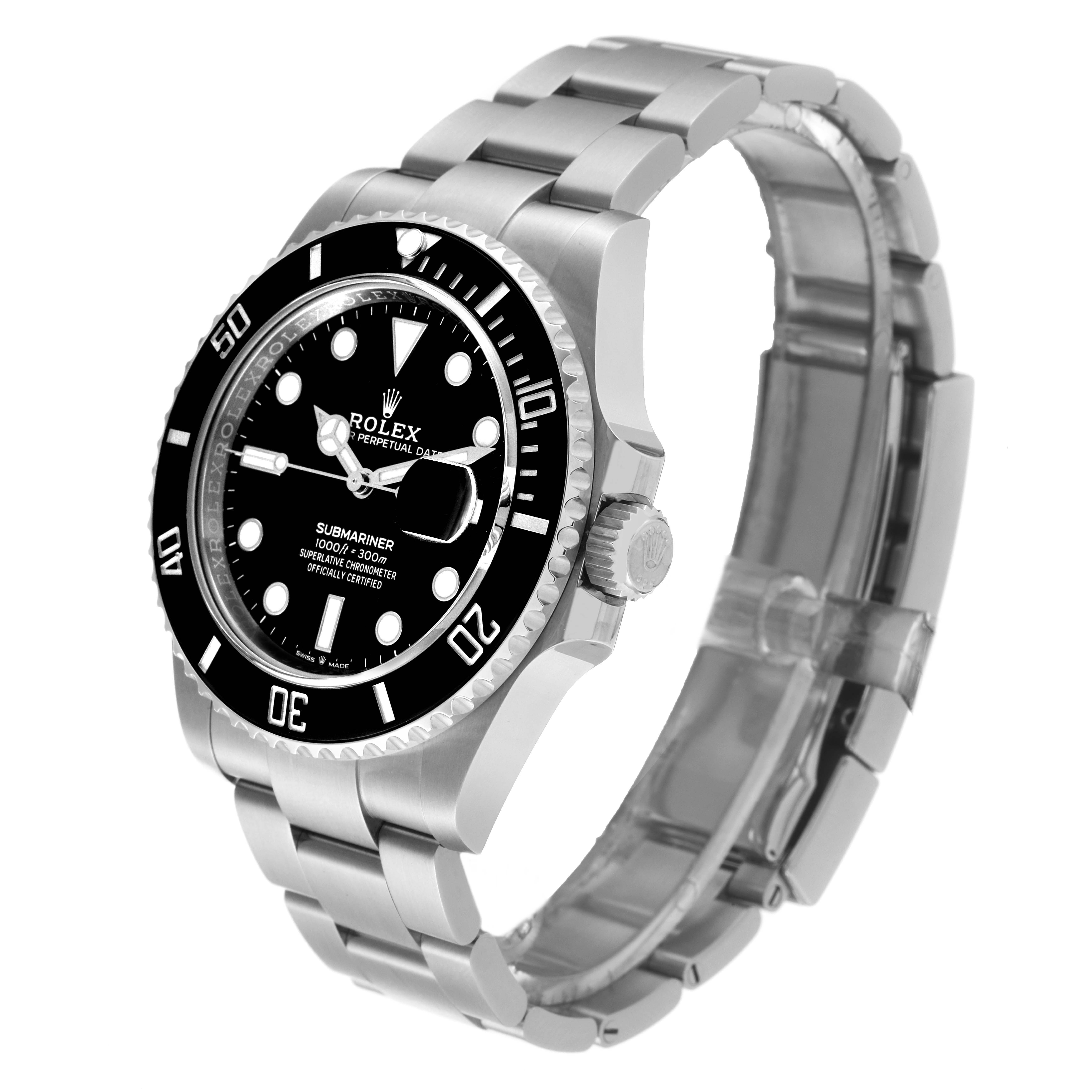 The image shows a Rolex Submariner 126610 Men
s Stainless Steel Black Dial 126610 Men
s Stainless Steel Black Dial watch at a three-quarter view, highlighting its bezel, dial, and bracelet.