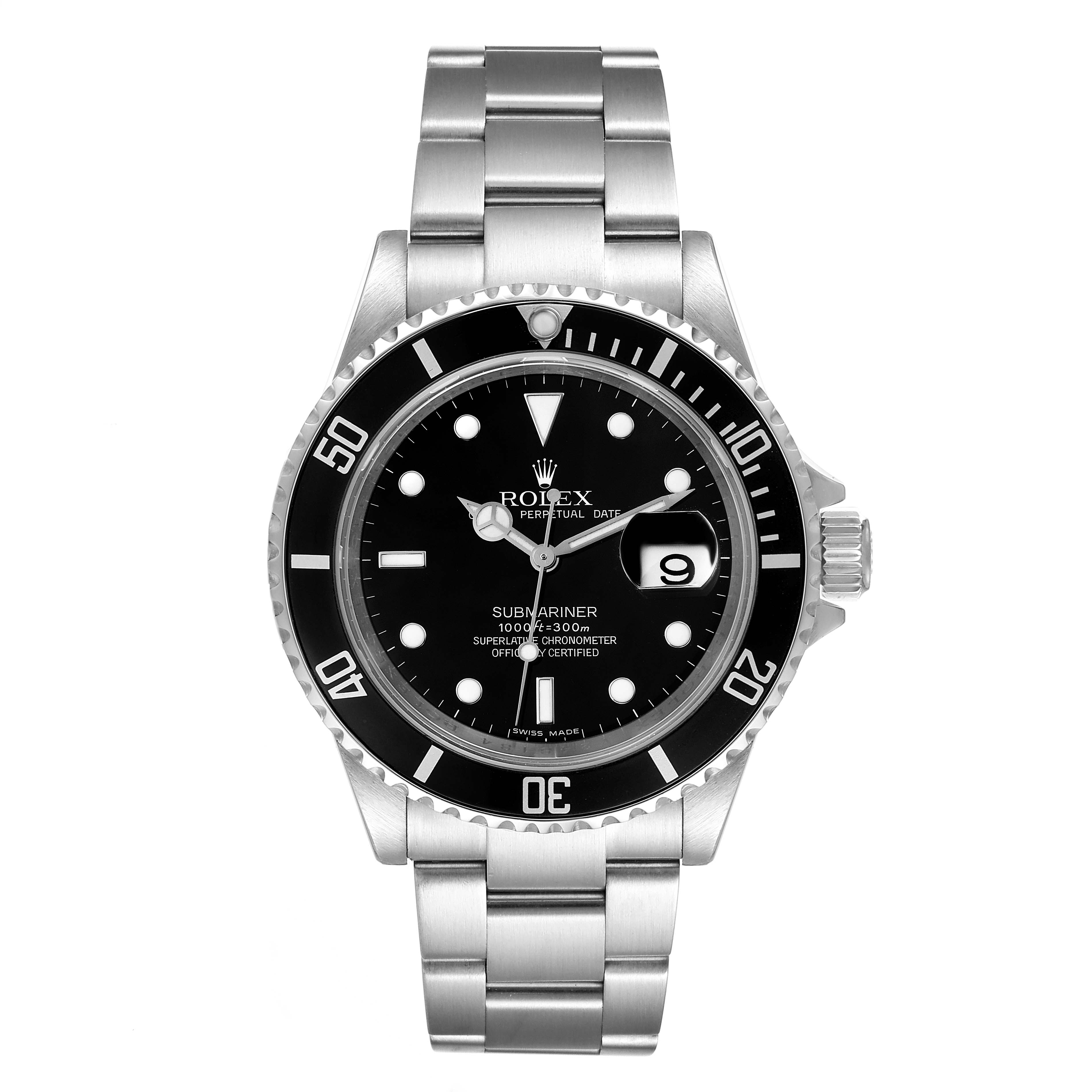 The image shows a front view of a Rolex Submariner 16610 Men
s Stainless Steel Black Dial 16610 Men
s Stainless Steel Black Dial watch, displaying its black dial, rotating bezel, and stainless steel bracelet.