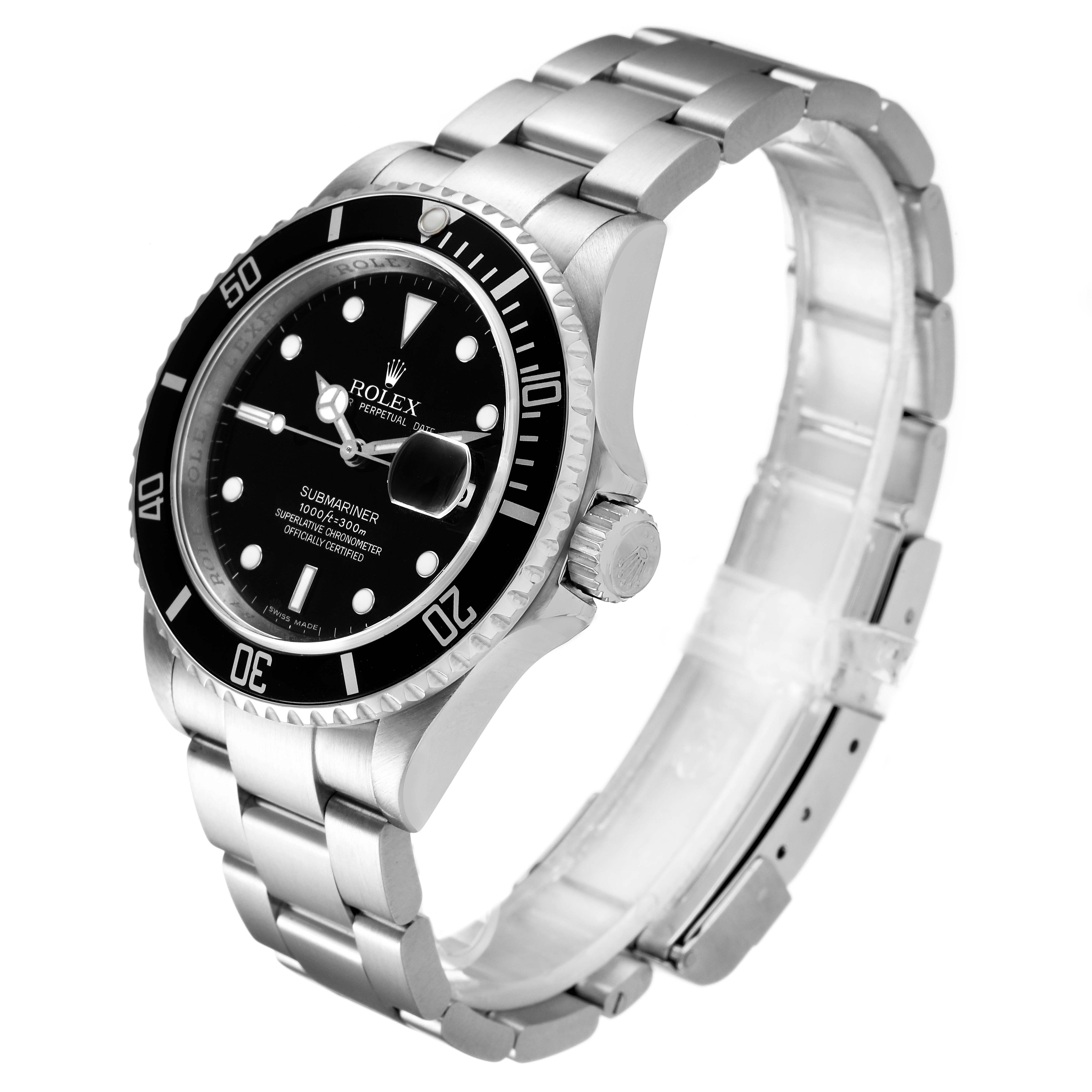 The Rolex Submariner 16610 Men
s Stainless Steel Black Dial 16610 Men
s Stainless Steel Black Dial watch is shown angled slightly from the side, displaying its black bezel, dial, crown, and bracelet.