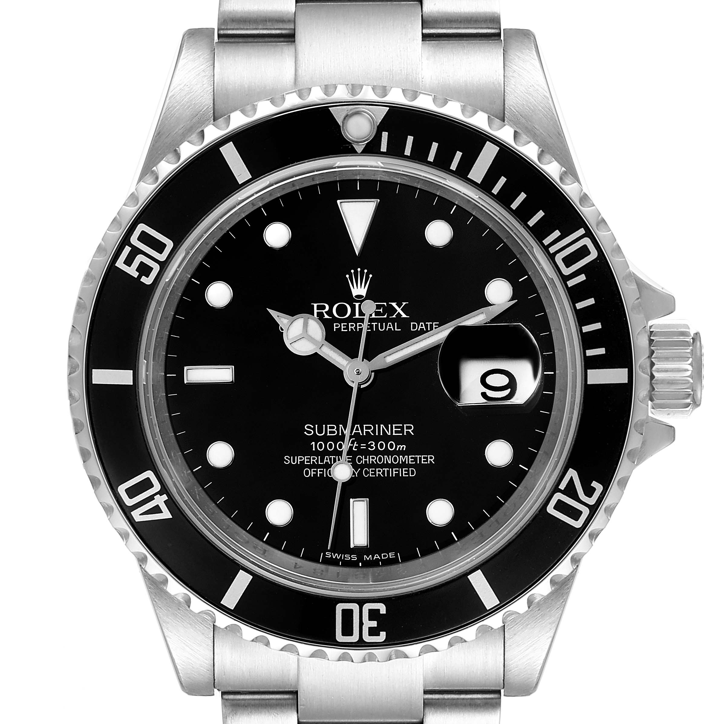 The image shows a front view of a Rolex Submariner 16610 Men
s Stainless Steel Black Dial 16610 Men
s Stainless Steel Black Dial watch, highlighting the dial, bezel, and bracelet.