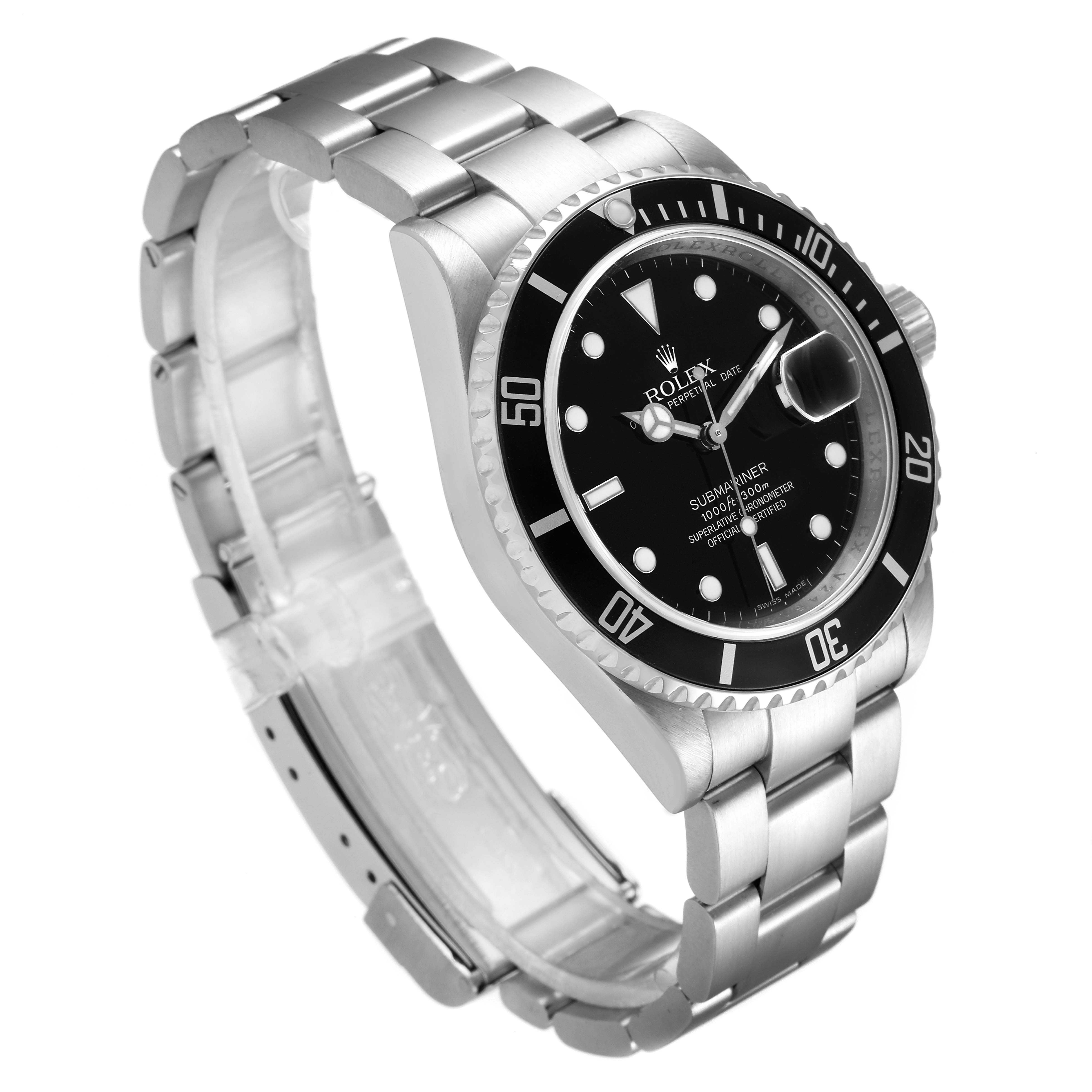 The image shows a Rolex Submariner 16610 Men
s Stainless Steel Black Dial 16610 Men
s Stainless Steel Black Dial watch, angled to highlight the face, bezel, and part of the bracelet.