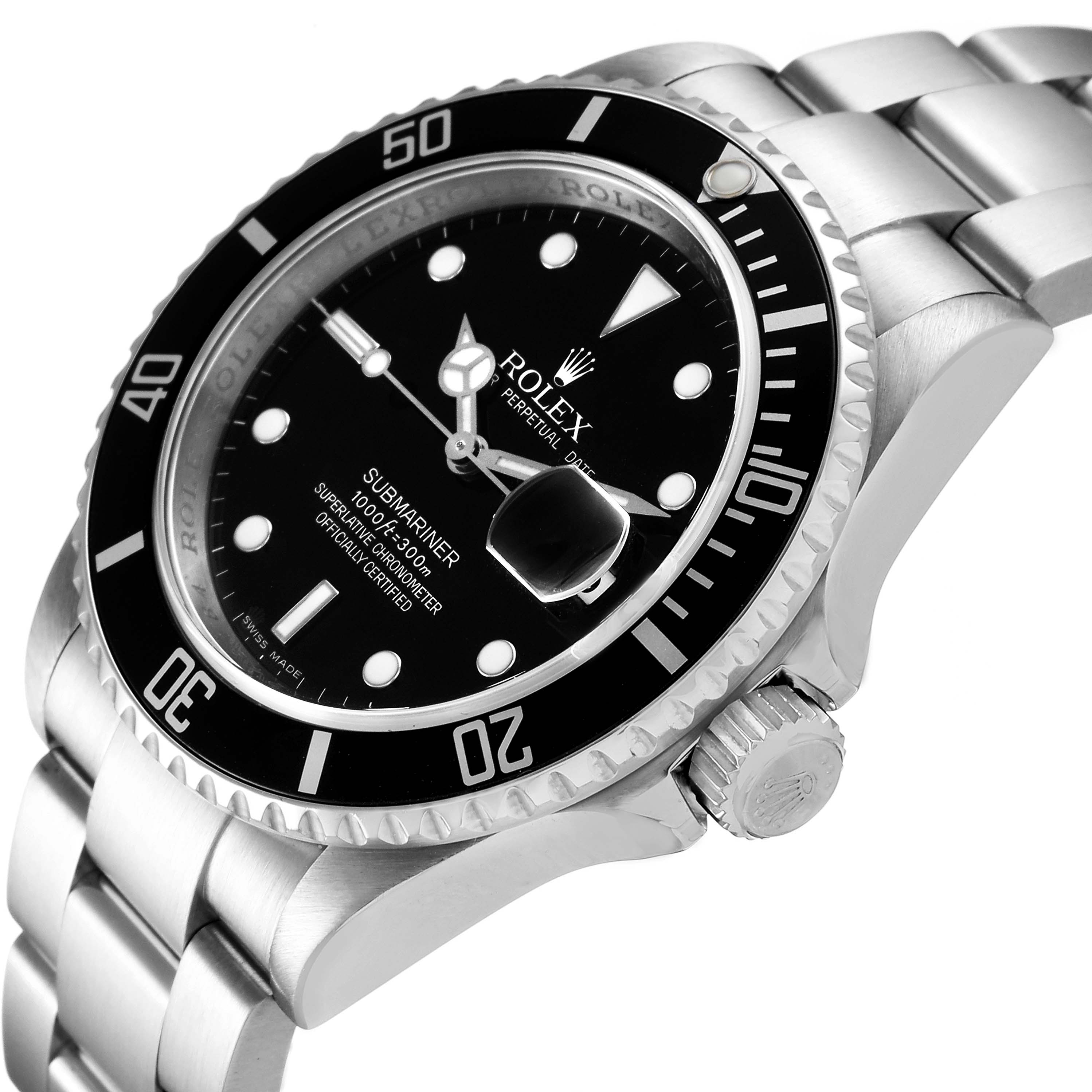 The image shows a side angle of the Rolex Submariner 16610 Men
s Stainless Steel Black Dial 16610 Men
s Stainless Steel Black Dial watch, highlighting the dial, bezel, crown, and part of the bracelet.