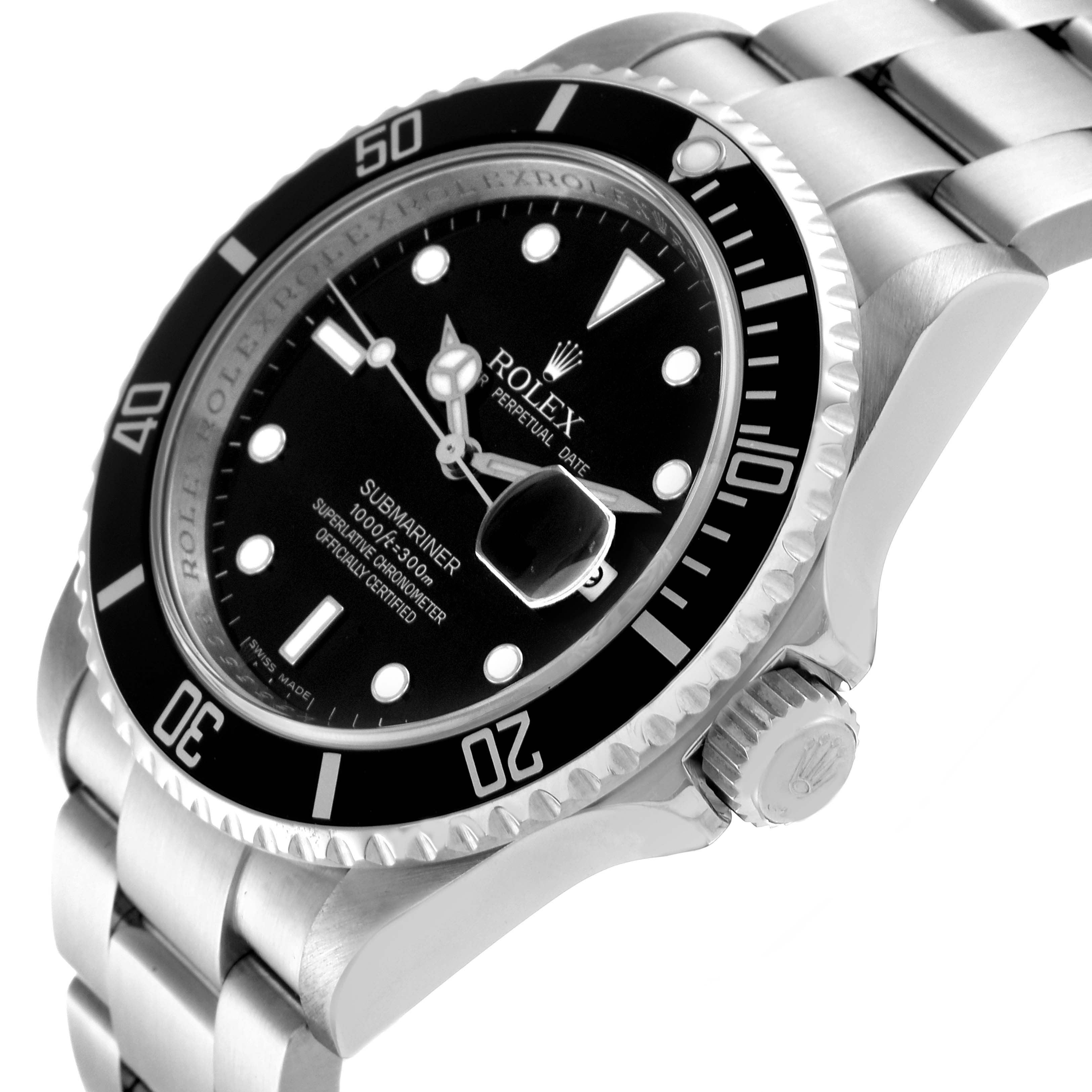 The image shows a Rolex Submariner 16610 Men's Stainless Steel Black Dial 16610 Men's Stainless Steel Black Dial from a top-side angle, highlighting its bezel, dial, and part of the bracelet.