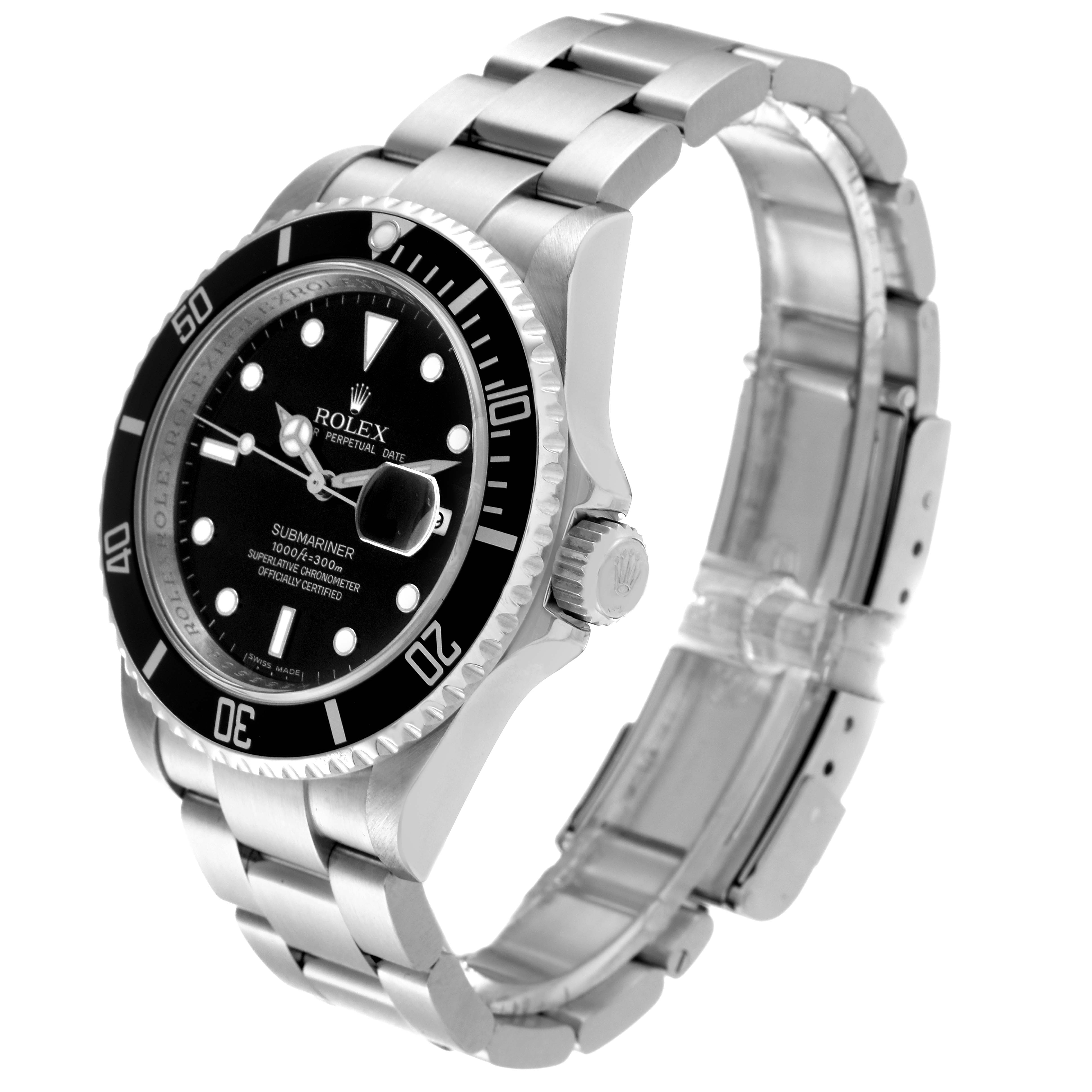 The image shows a Rolex Submariner 16610 Men's Stainless Steel Black Dial 16610 Men's Stainless Steel Black Dial watch from a three-quarter angle, highlighting the dial, bezel, and bracelet.