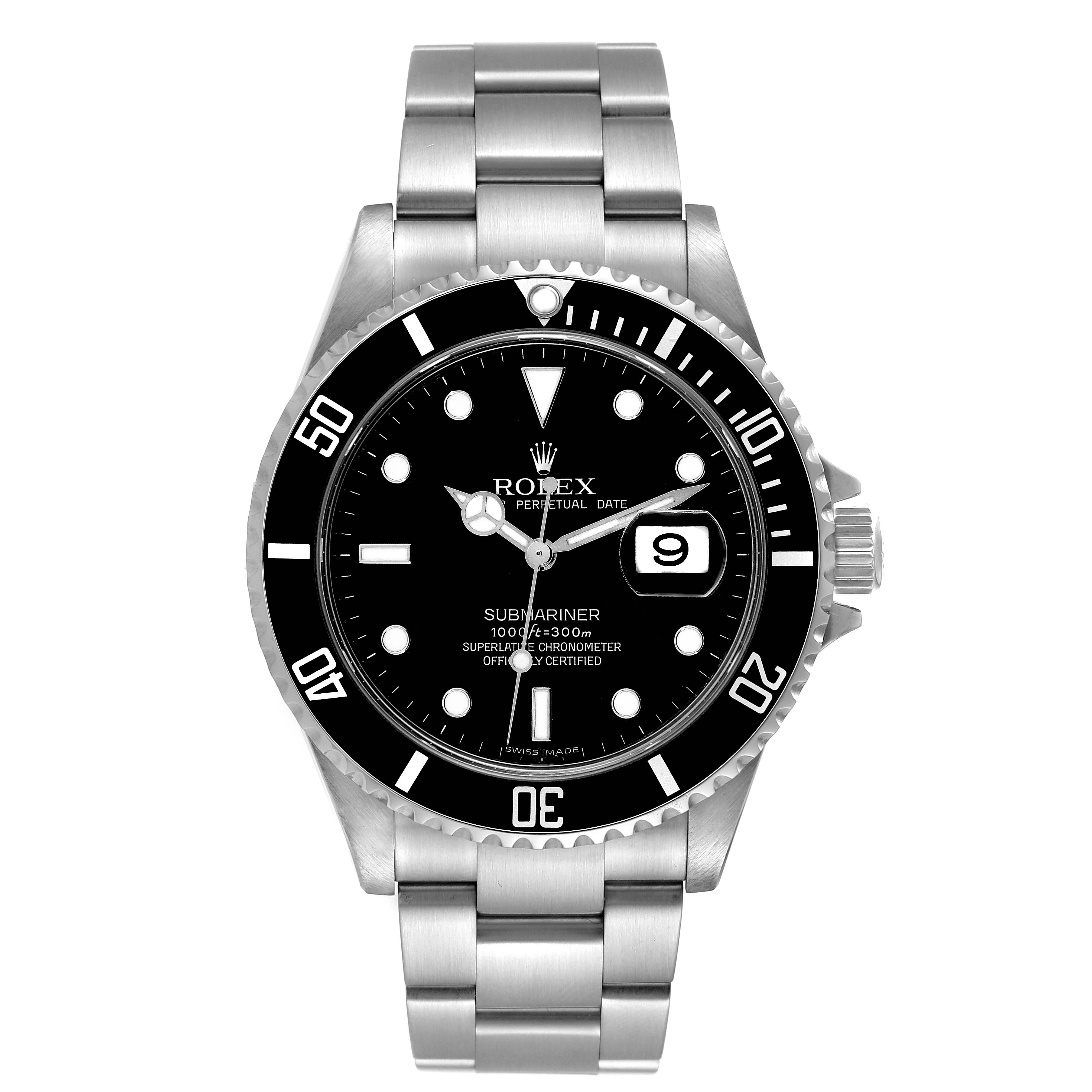 The image shows the front view of a Rolex Submariner 16610 Men's Stainless Steel Black Dial 16610 Men's Stainless Steel Black Dial watch, highlighting the dial, bezel, crown, and bracelet.