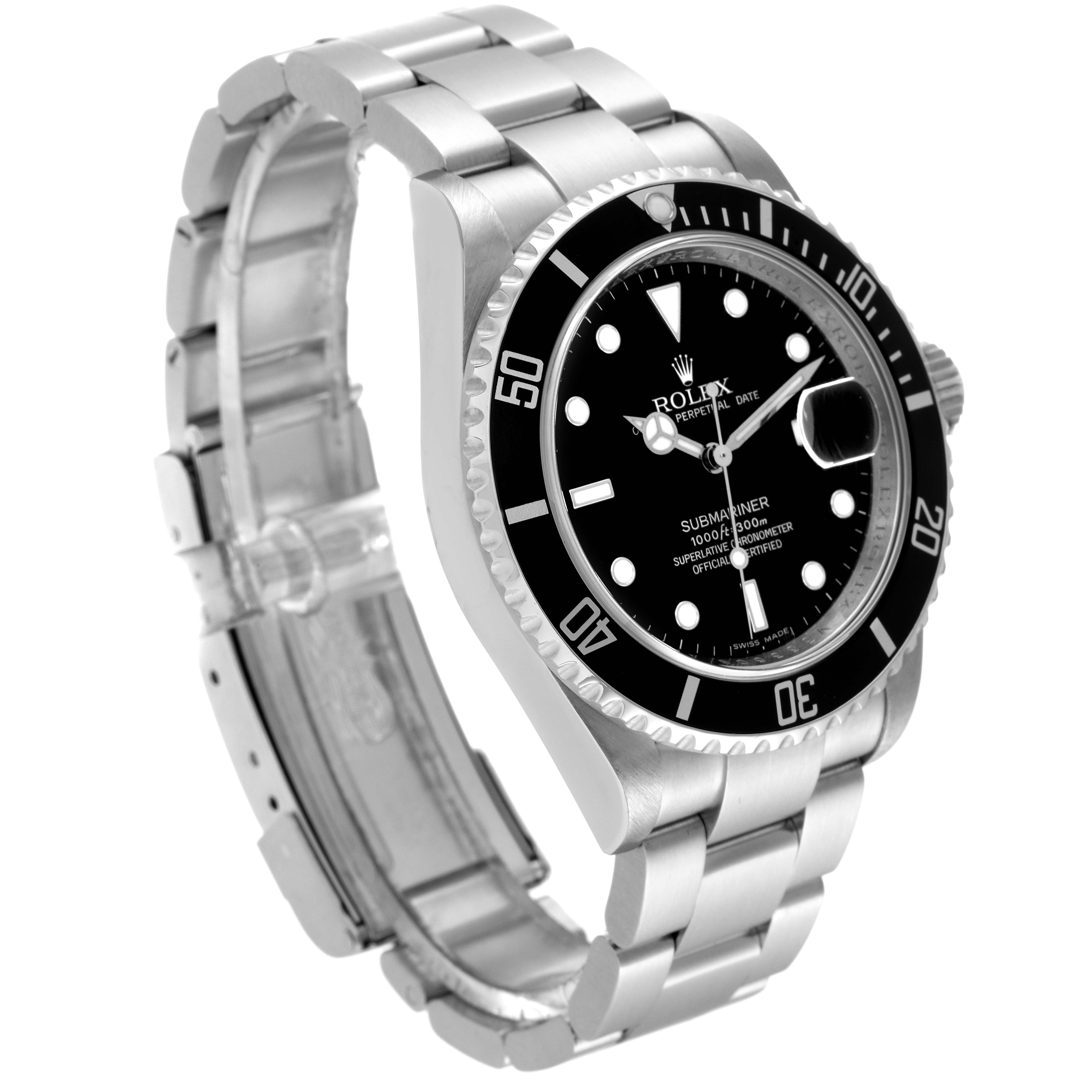 The Rolex Submariner 16610 Men's Stainless Steel Black Dial 16610 Men's Stainless Steel Black Dial watch is shown from an angled side view, displaying its full face, bezel, and metallic bracelet.