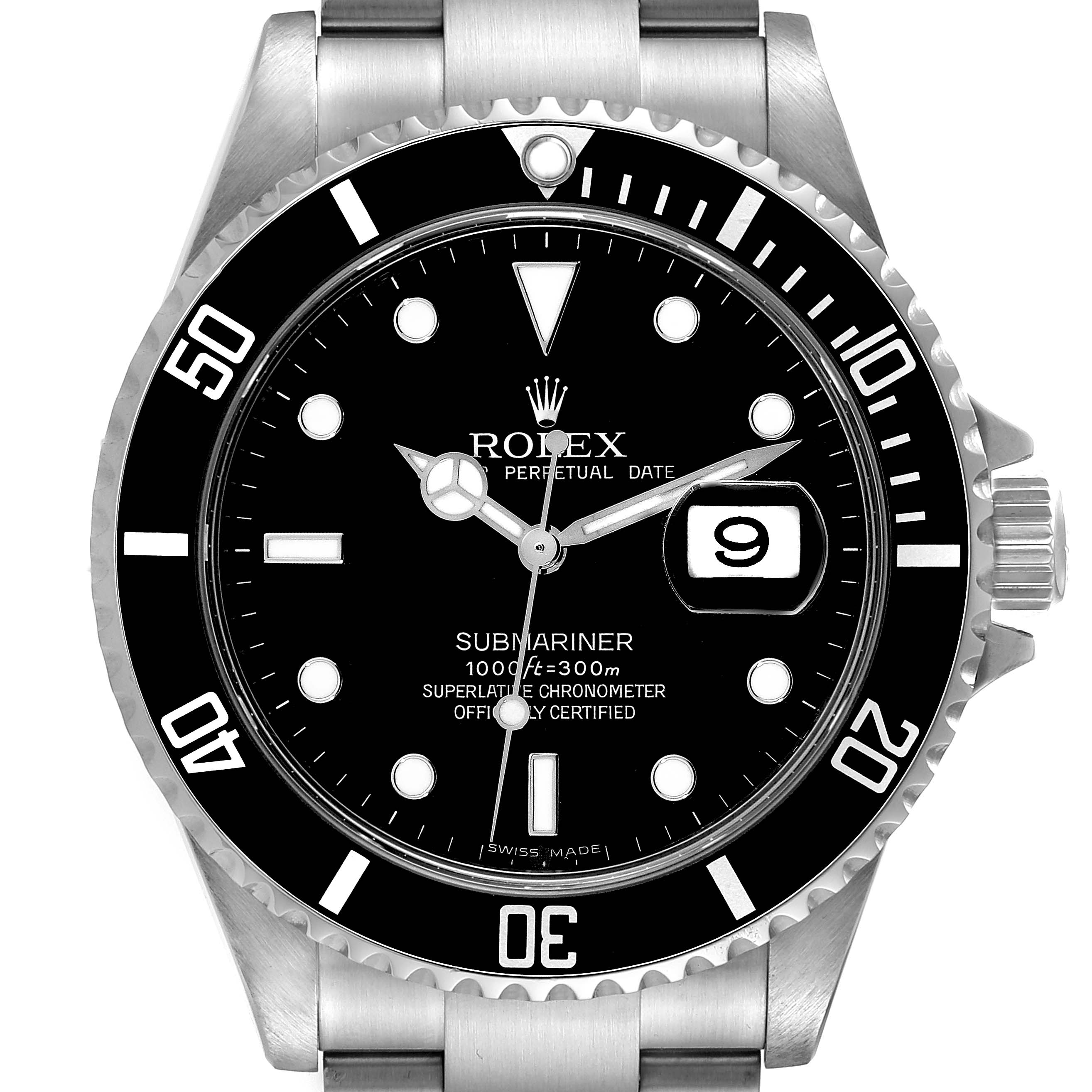 This image shows a front view of the Rolex Submariner 16610 Men's Stainless Steel Black Dial 16610 Men's Stainless Steel Black Dial watch, highlighting the dial, bezel, and crown.