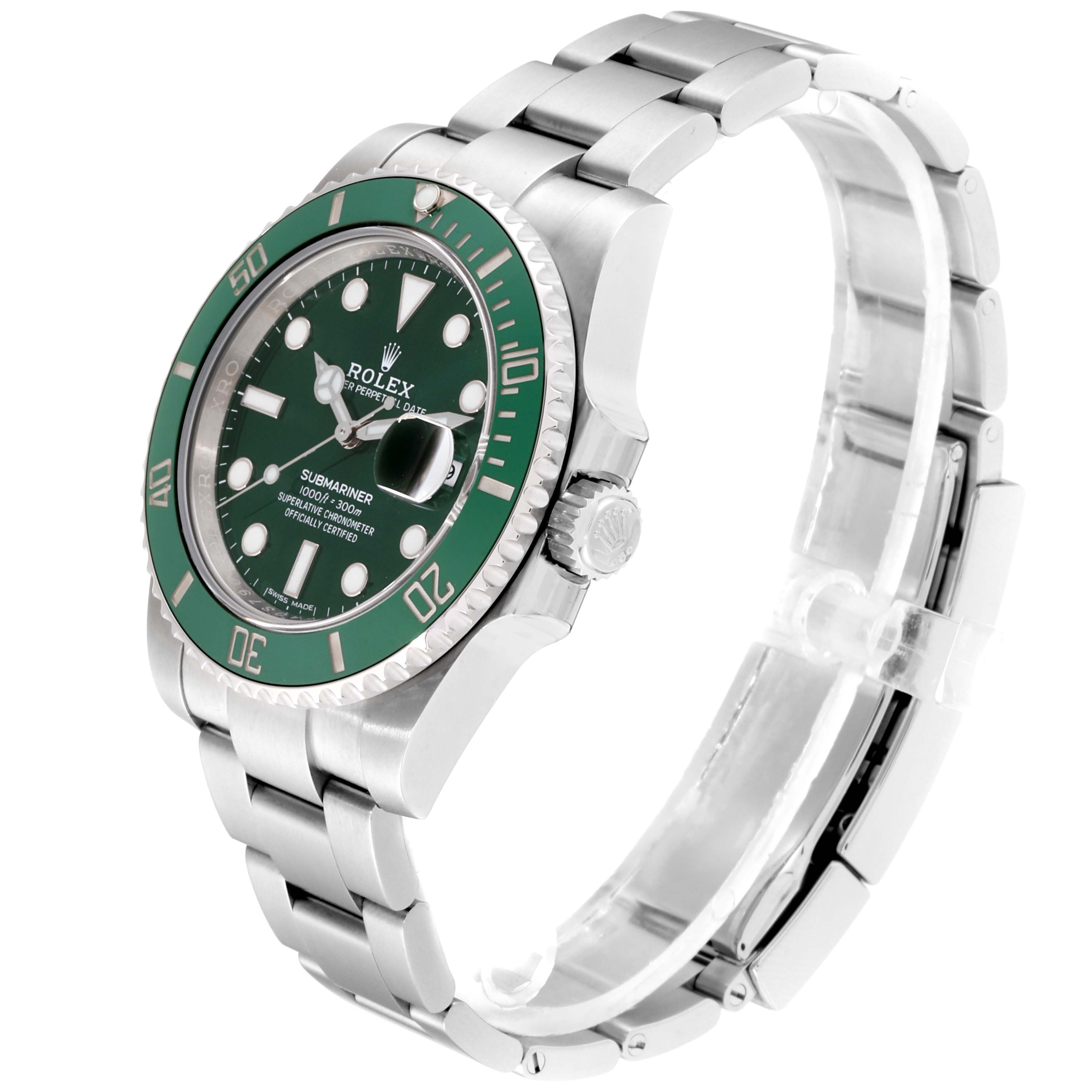 This image shows a side angle of the Rolex Submariner 116610LV Men
s Stainless Steel Green Dial 116610LV Men
s Stainless Steel Green Dial watch, highlighting the green bezel, dial, crown, and stainless steel bracelet.
