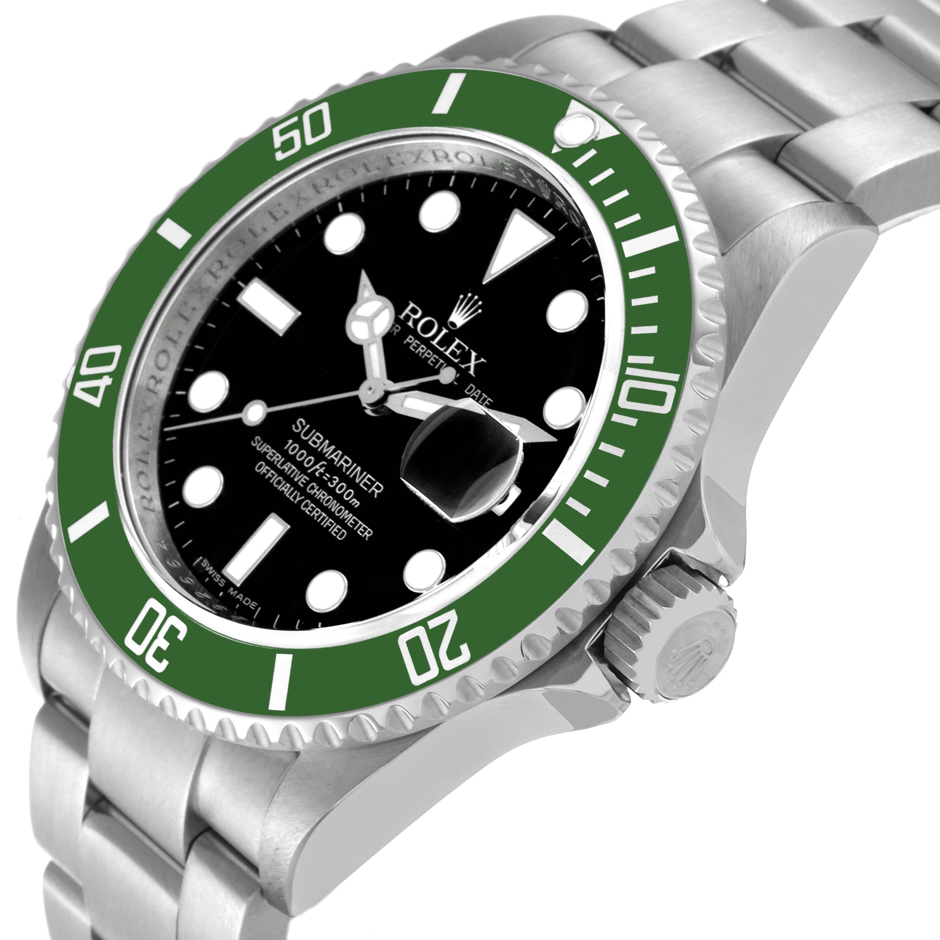 The image shows a side view of a Rolex Submariner 16610LV Men's Stainless Steel Black Dial 16610LV Men's Stainless Steel Black Dial, highlighting its bezel, crown, bracelet, and dial.
