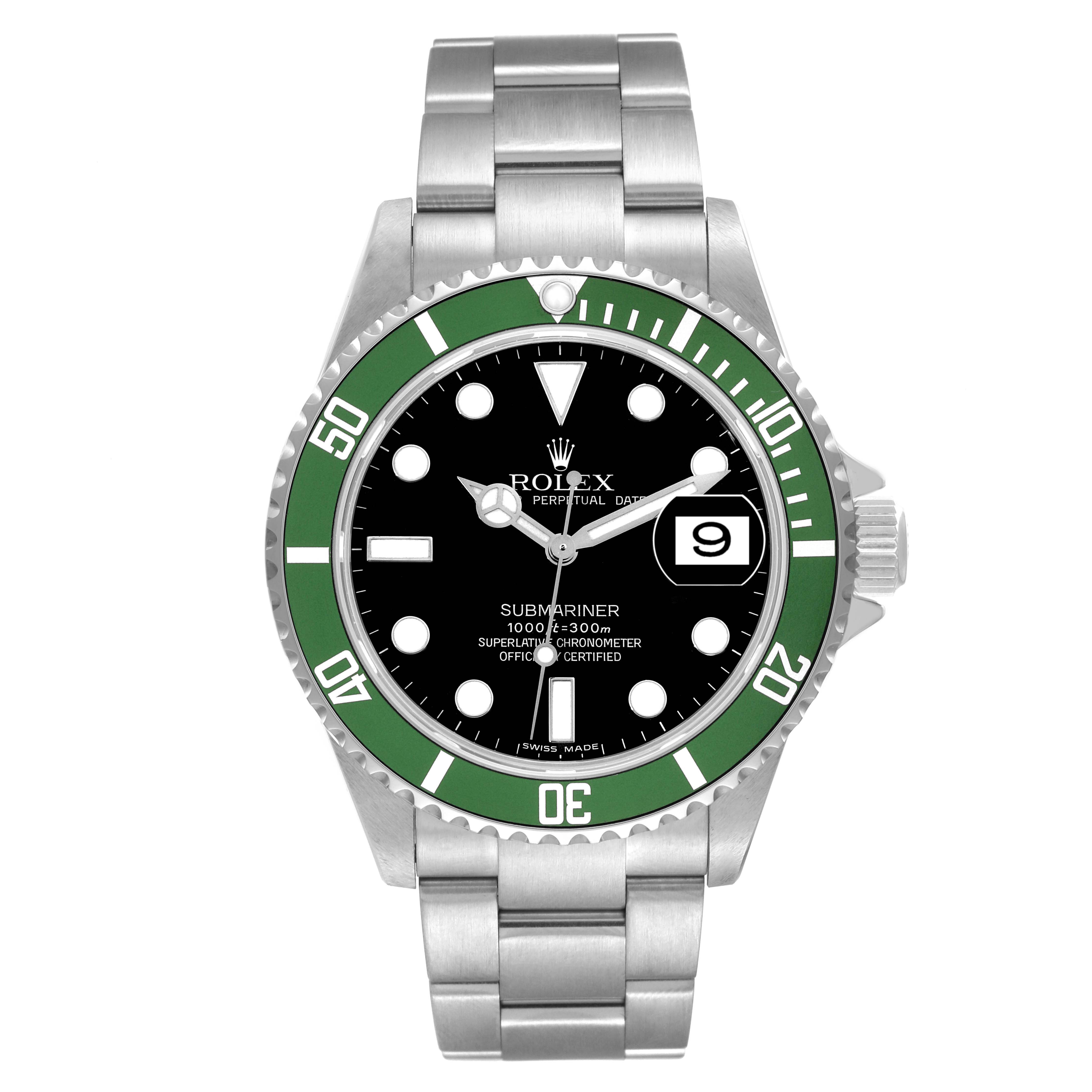 The image shows a Rolex Submariner 16610LV Men's Stainless Steel Black Dial 16610LV Men's Stainless Steel Black Dial watch from a straight-on angle, highlighting its dial, bezel, and bracelet.