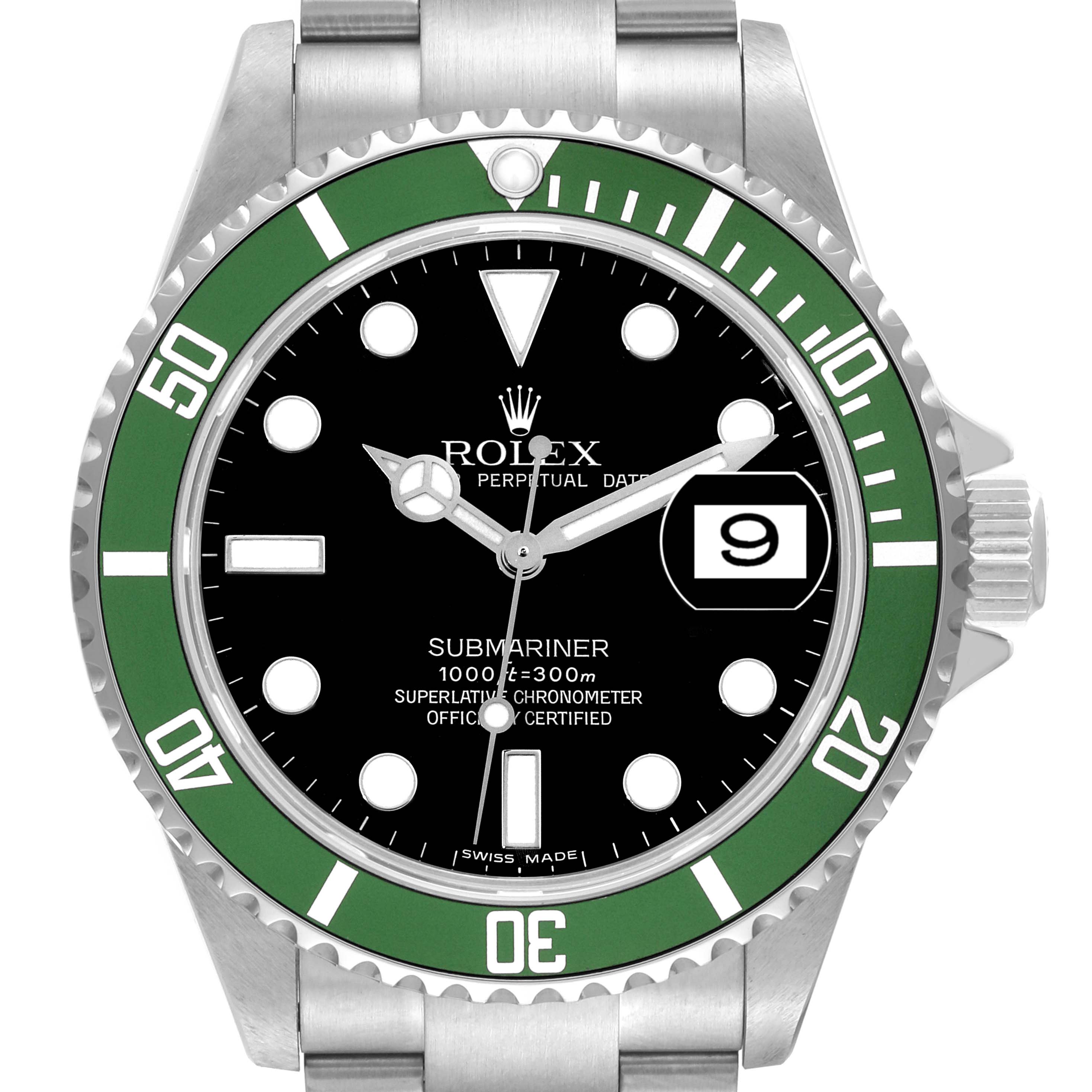 This is a front view of a Rolex Submariner 16610LV Men's Stainless Steel Black Dial 16610LV Men's Stainless Steel Black Dial watch, showing its bezel, dial, hands, hour markers, and date window at 3 o'clock.