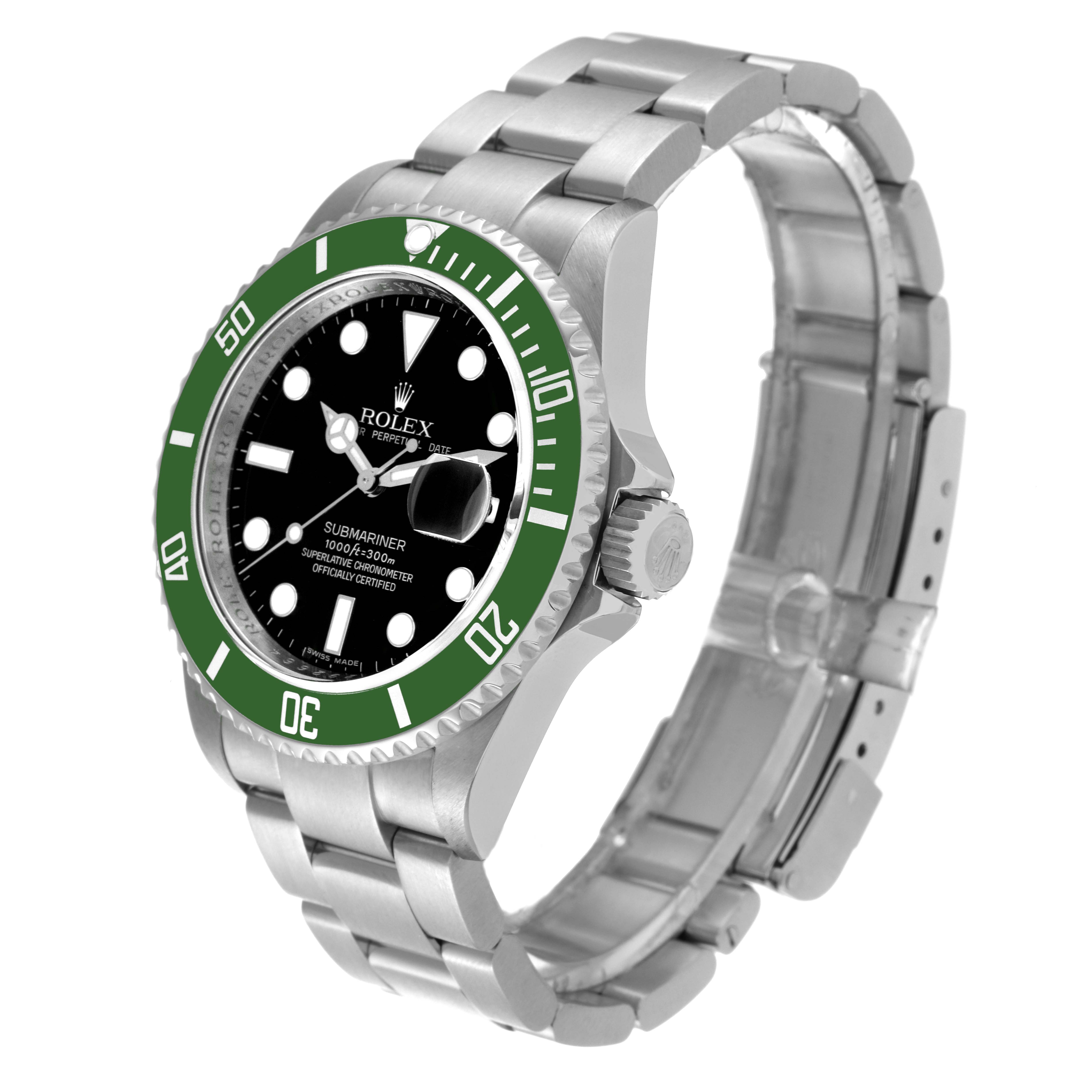 The image shows a Rolex Submariner 16610LV Men's Stainless Steel Black Dial 16610LV Men's Stainless Steel Black Dial watch from a side angle, displaying the band, bezel, crown, and dial.