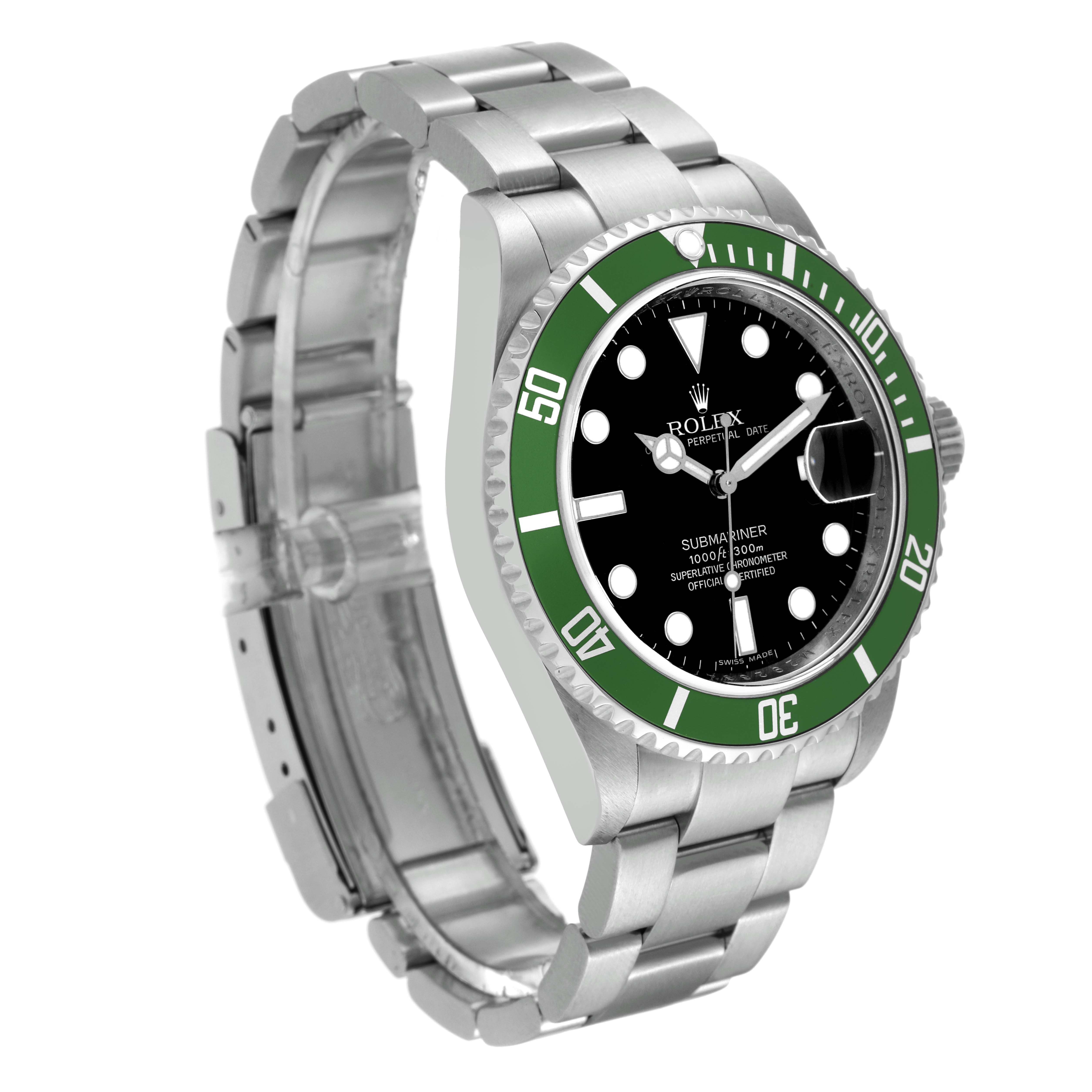 The Rolex Submariner 16610LV Men's Stainless Steel Black Dial 16610LV Men's Stainless Steel Black Dial watch is shown from a front-left angle, highlighting the bracelet, green bezel, and black dial.
