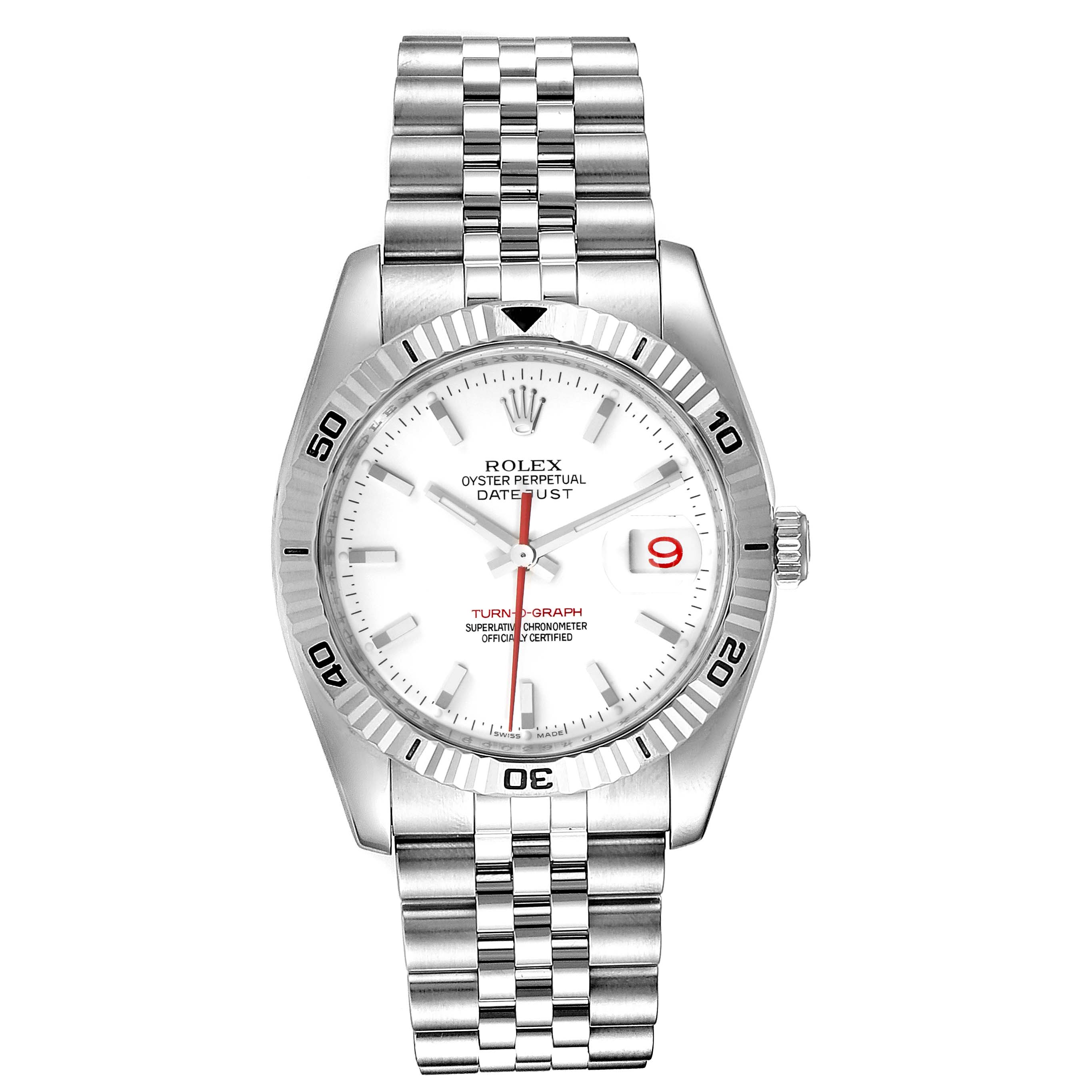 The image shows a frontal view of the Rolex Turn-o-Graph 116264 Men
s Stainless Steel White Dial 116264 Men
s Stainless Steel White Dial watch, displaying its face, bezel, and bracelet.