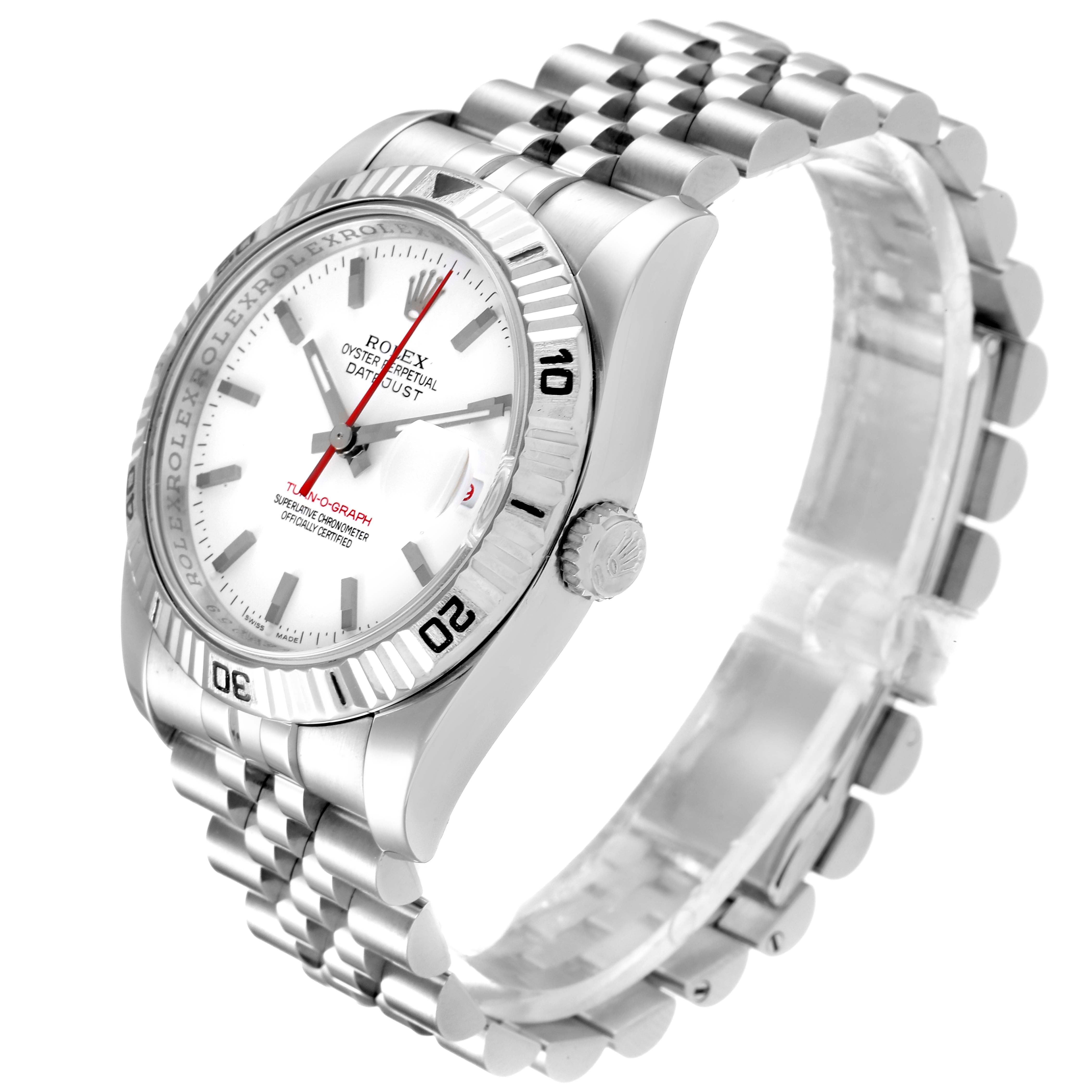 This image shows a Rolex Turn-o-Graph 116264 Men
s Stainless Steel White Dial 116264 Men
s Stainless Steel White Dial model from an angled side view, highlighting the face, bezel, crown, and bracelet.
