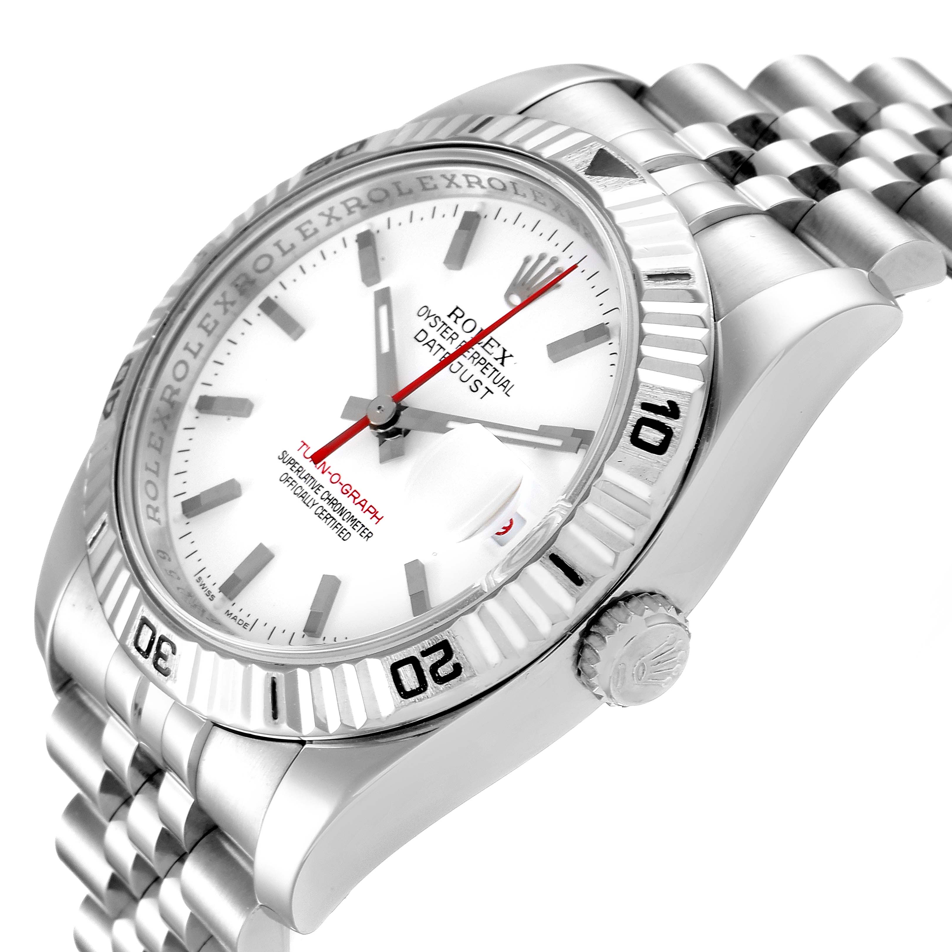 The image shows a side view of the Rolex Turn-o-Graph 116264 Men
s Stainless Steel White Dial 116264 Men
s Stainless Steel White Dial watch, highlighting the bezel, crown, dial, and bracelet.
