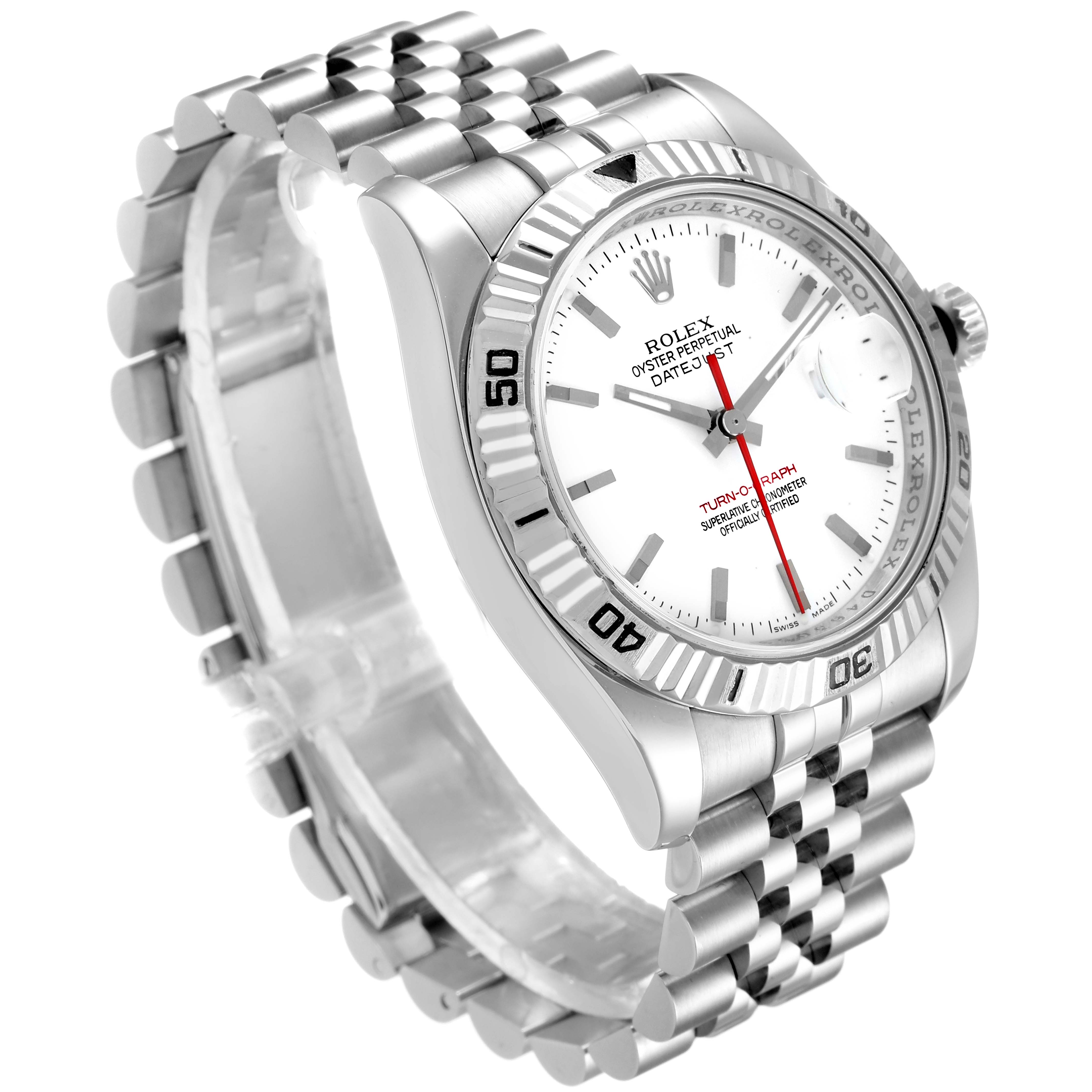 This image shows a Rolex Turn-o-Graph 116264 Men
s Stainless Steel White Dial 116264 Men
s Stainless Steel White Dial watch at a slight angle, highlighting the bezel, dial, hands, bracelet, and crown.