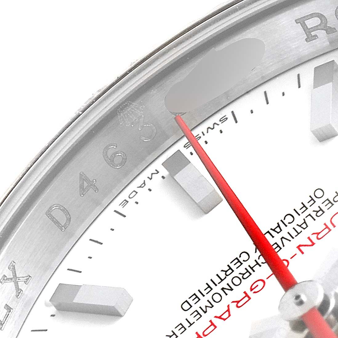 This close-up angle shows the dial, bezel, and red second hand of the Rolex Turn-o-Graph 116264 Men
s Stainless Steel White Dial 116264 Men
s Stainless Steel White Dial model, with partial engravings visible.