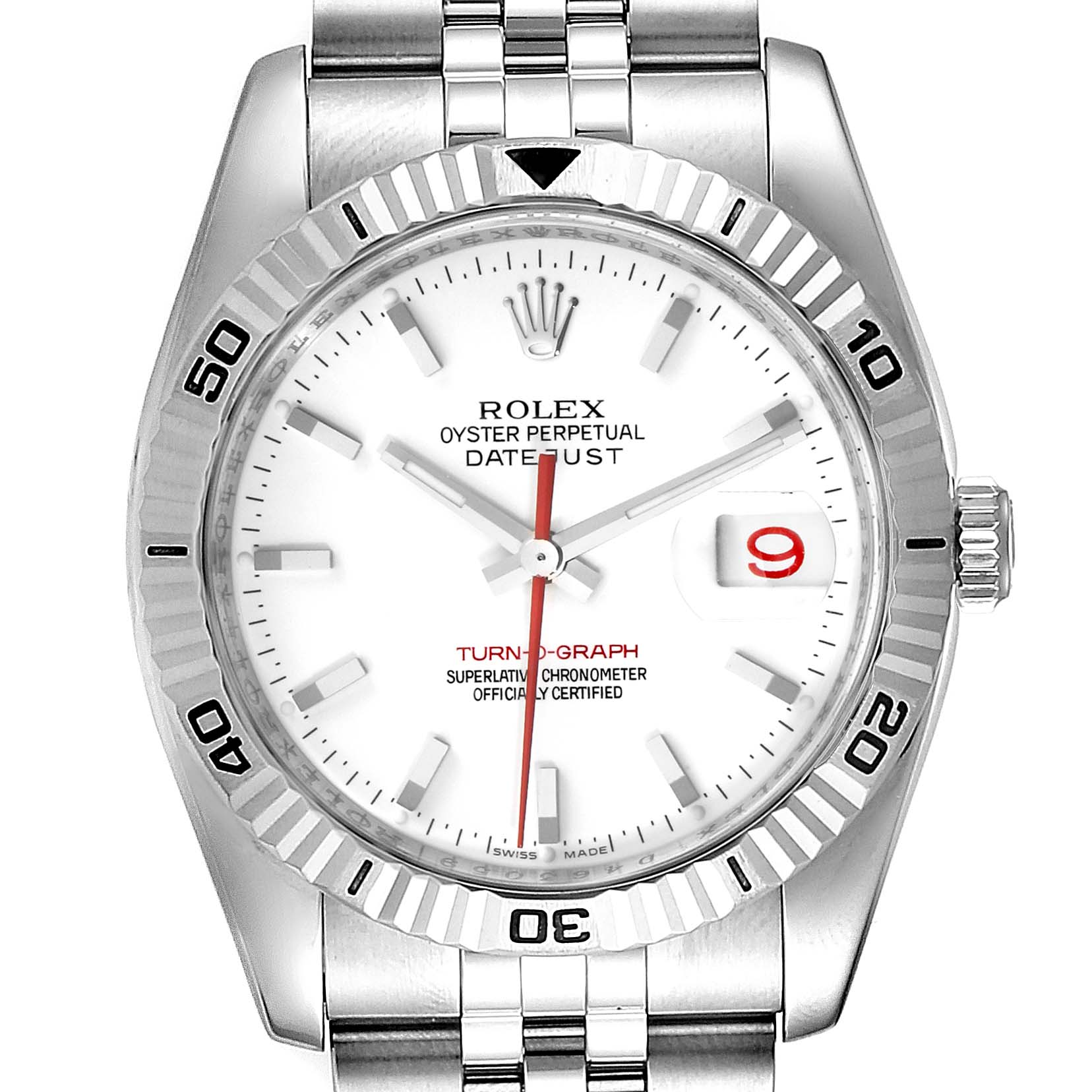 The image shows a front view of the Rolex Turn-o-Graph 116264 Men
s Stainless Steel White Dial 116264 Men
s Stainless Steel White Dial watch, highlighting the dial, bezel, crown, and part of the bracelet.