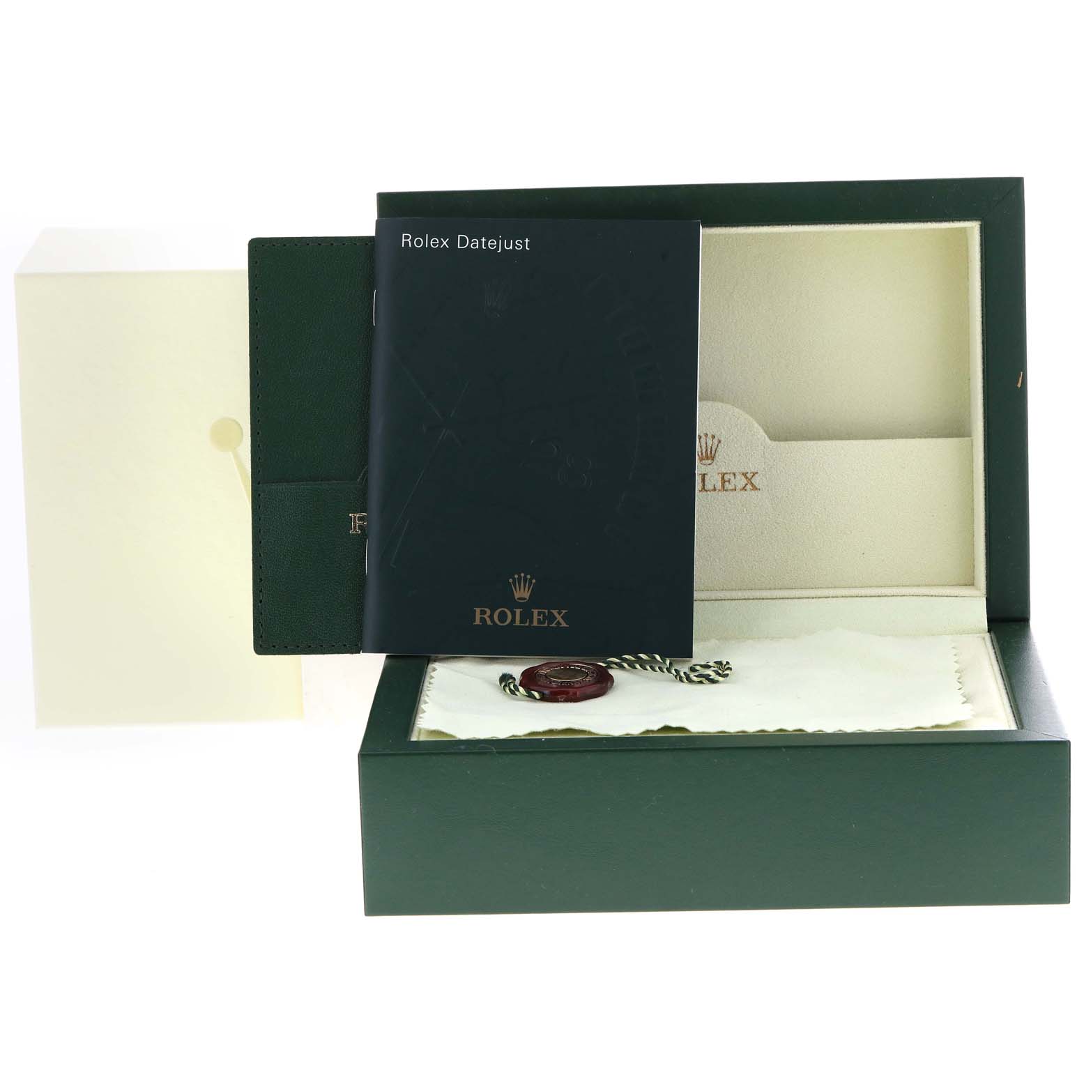 The image shows the packaging, manuals, and certificate of Best Quality
ity for a Rolex Turn-o-Graph 116264 Men
s Stainless Steel White Dial 116264 Men
s Stainless Steel White Dial watch, viewed from the front.