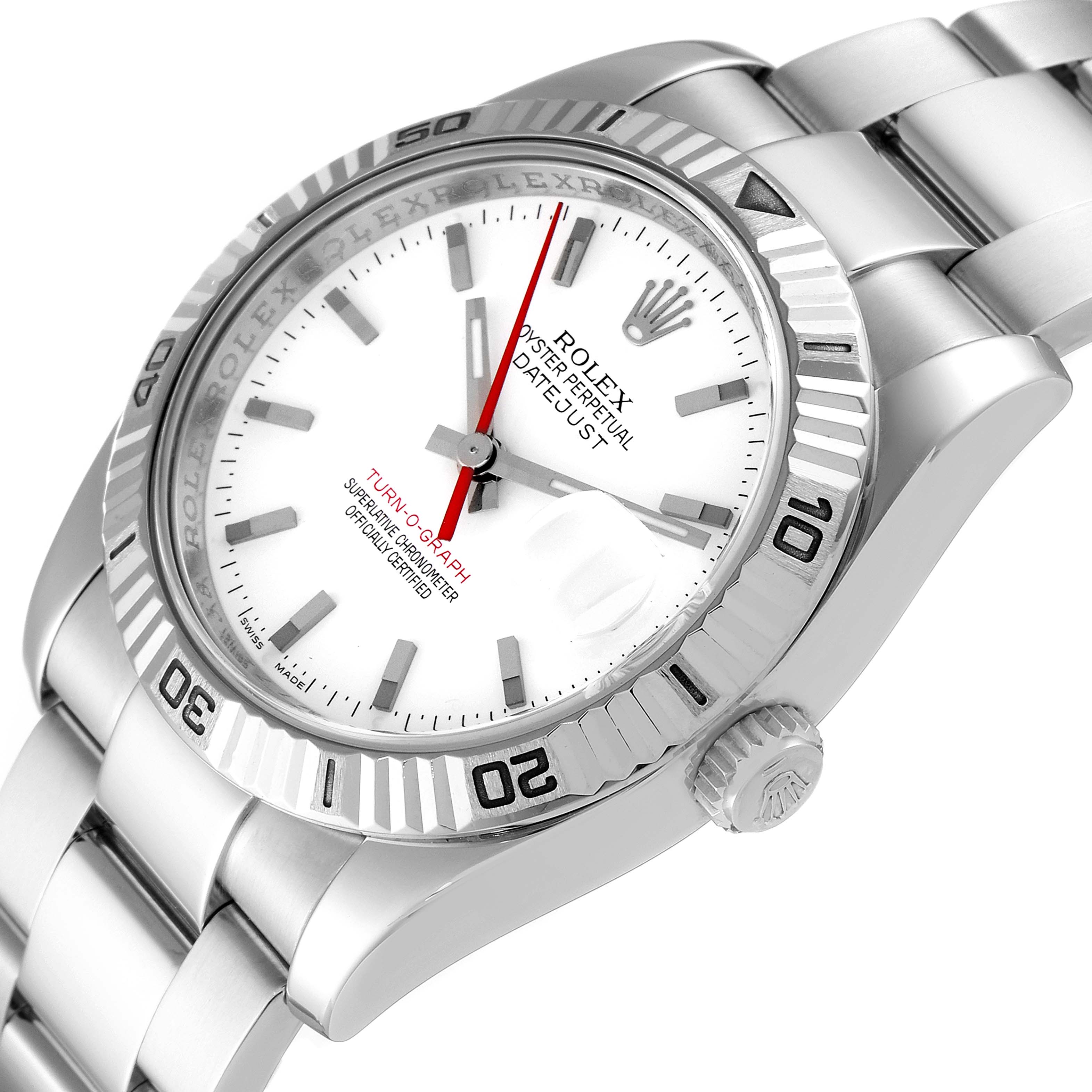 The image shows a close-up of the Rolex Turn-o-Graph 116264 Men
s Stainless Steel White Dial 116264 Men
s Stainless Steel White Dial watch face and partial bracelet at a slight diagonal angle.