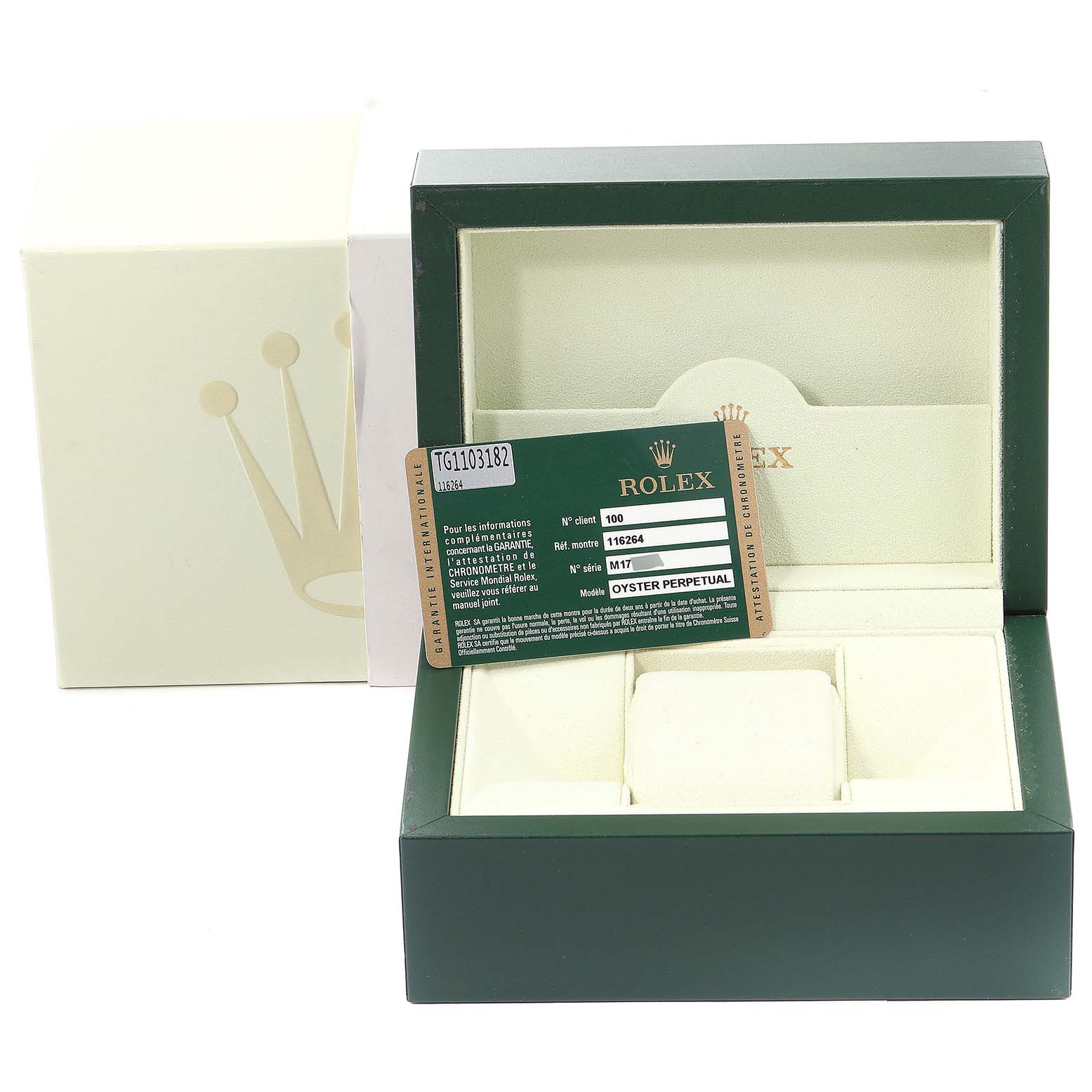 The image shows the box and warranty card of a Rolex Turn-o-Graph 116264 Men
s Stainless Steel White Dial 116264 Men
s Stainless Steel White Dial watch, with the box open and the watch absent.