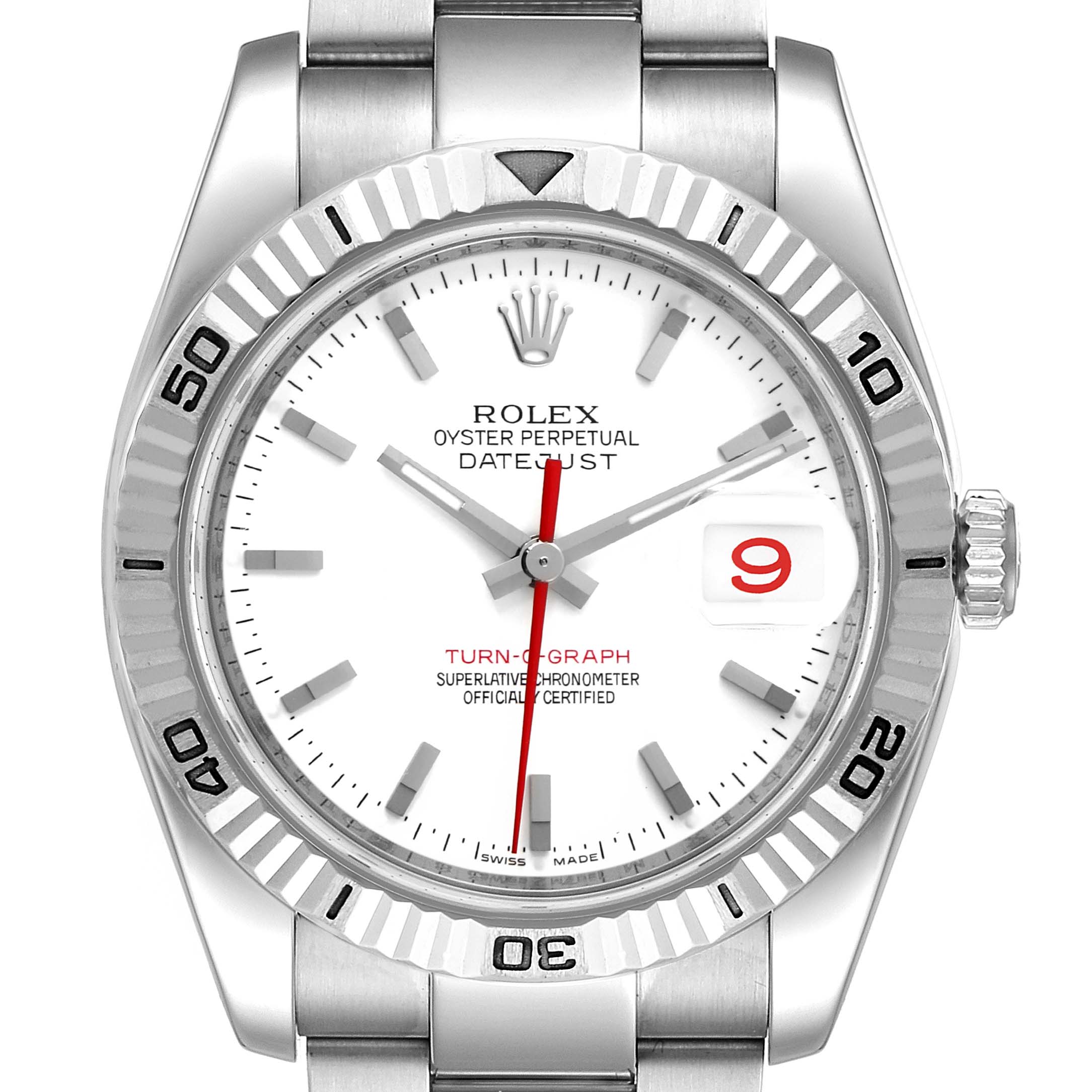 The image shows a frontal view of a Rolex Turn-o-Graph 116264 Men
s Stainless Steel White Dial 116264 Men
s Stainless Steel White Dial watch, displaying its dial, bezel, and bracelet.