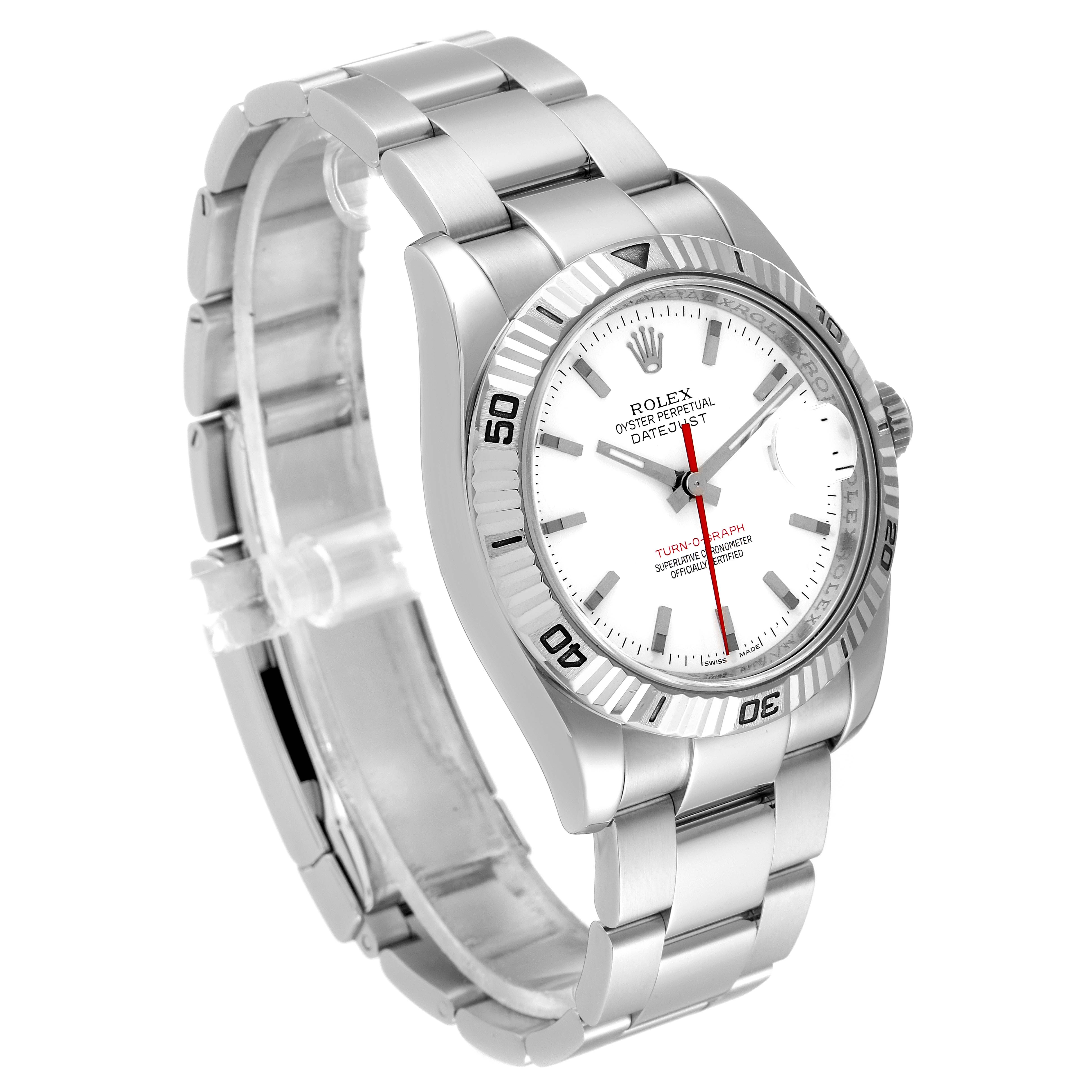 The image shows a side-angle view of the Rolex Turn-o-Graph 116264 Men
s Stainless Steel White Dial 116264 Men
s Stainless Steel White Dial watch, focusing on its metallic band and detailed face.