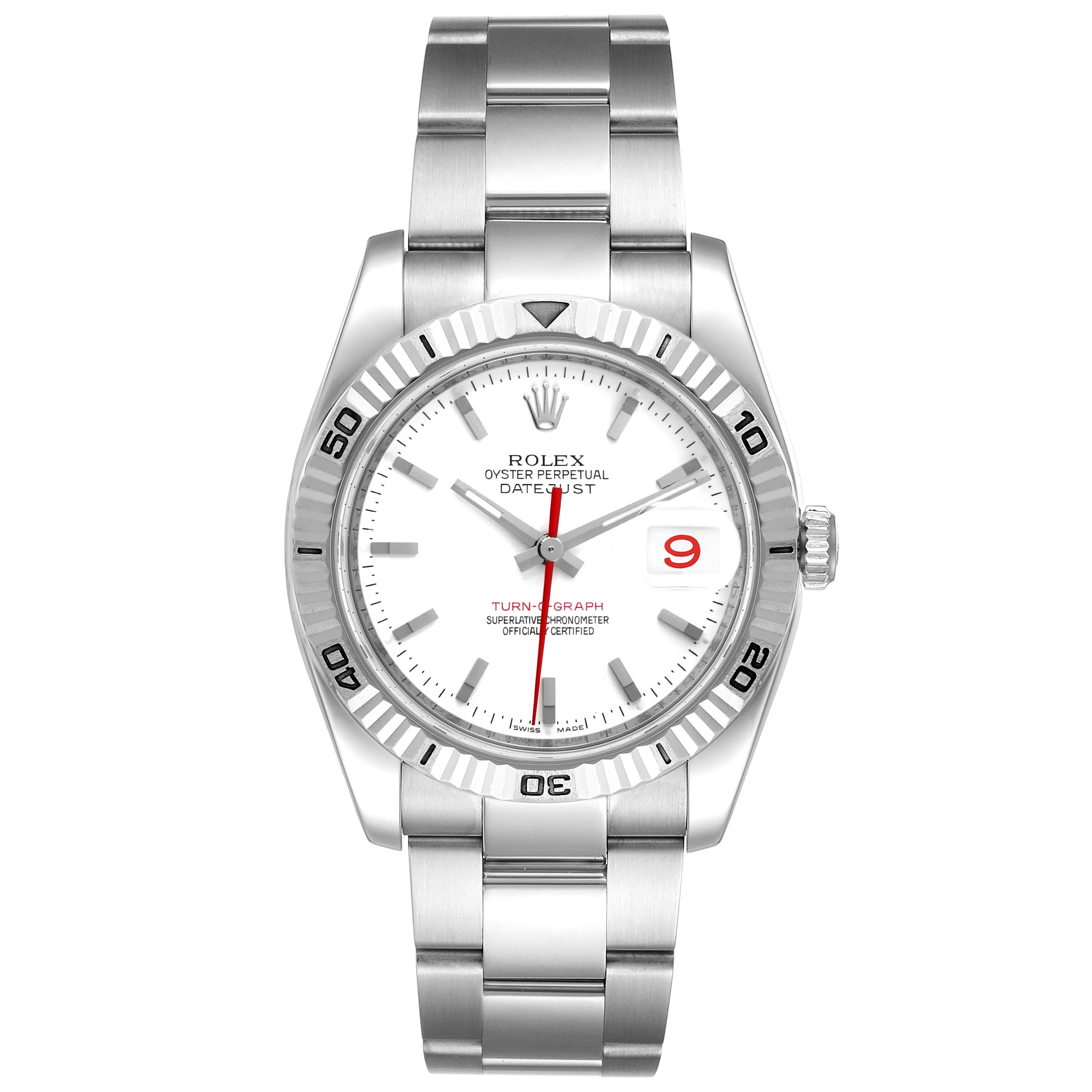 This image shows a front view of a Rolex Turn-o-Graph 116264 Men
s Stainless Steel White Dial 116264 Men
s Stainless Steel White Dial watch, highlighting the dial, hands, bezel, and bracelet.
