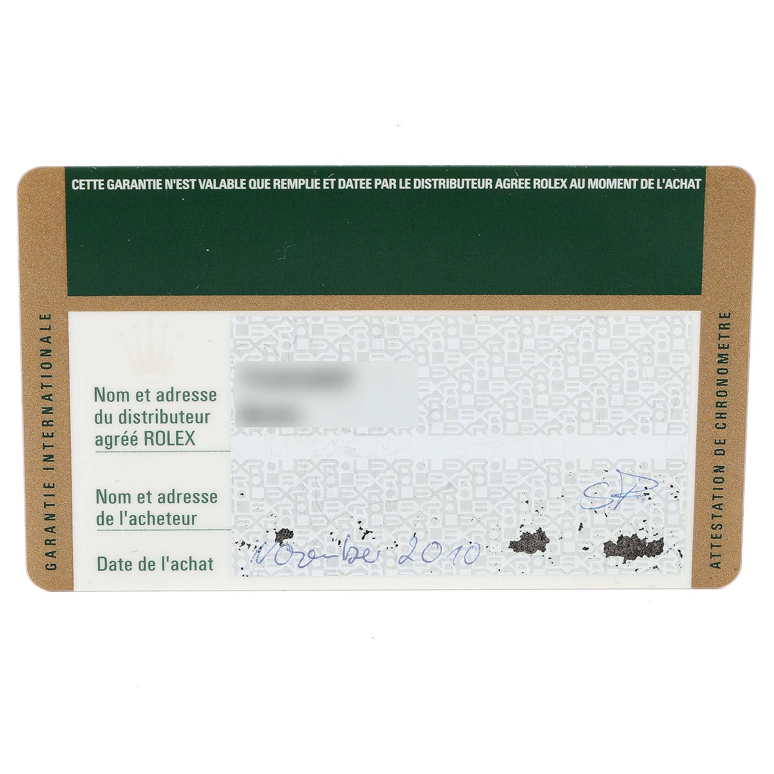 The image shows a guarantee card for the Turn-o-Graph model by Rolex.