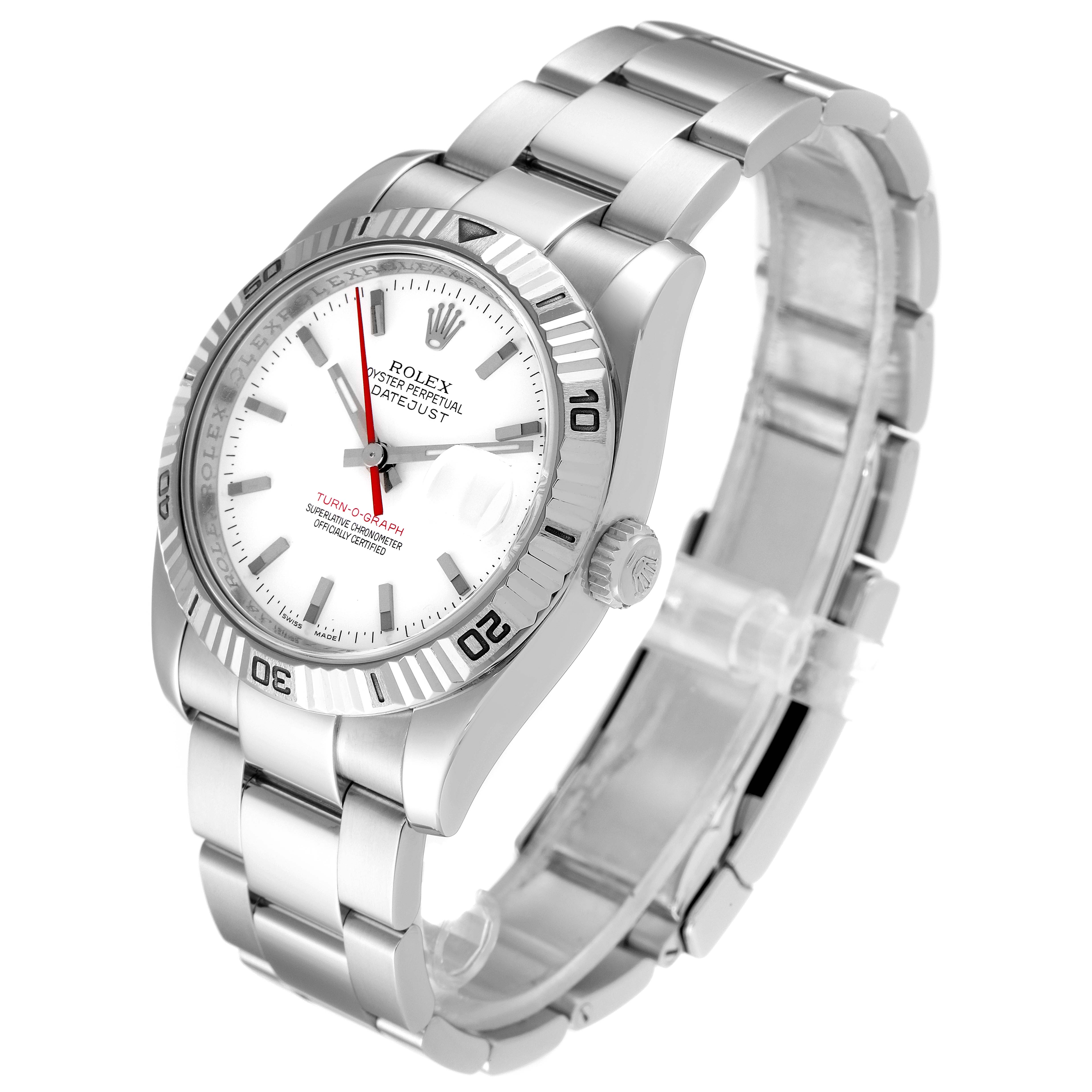 The Rolex Turn-o-Graph 116264 Men
s Stainless Steel White Dial 116264 Men
s Stainless Steel White Dial watch is shown at a three-quarter angle, displaying its dial, bezel, crown, and stainless steel bracelet.