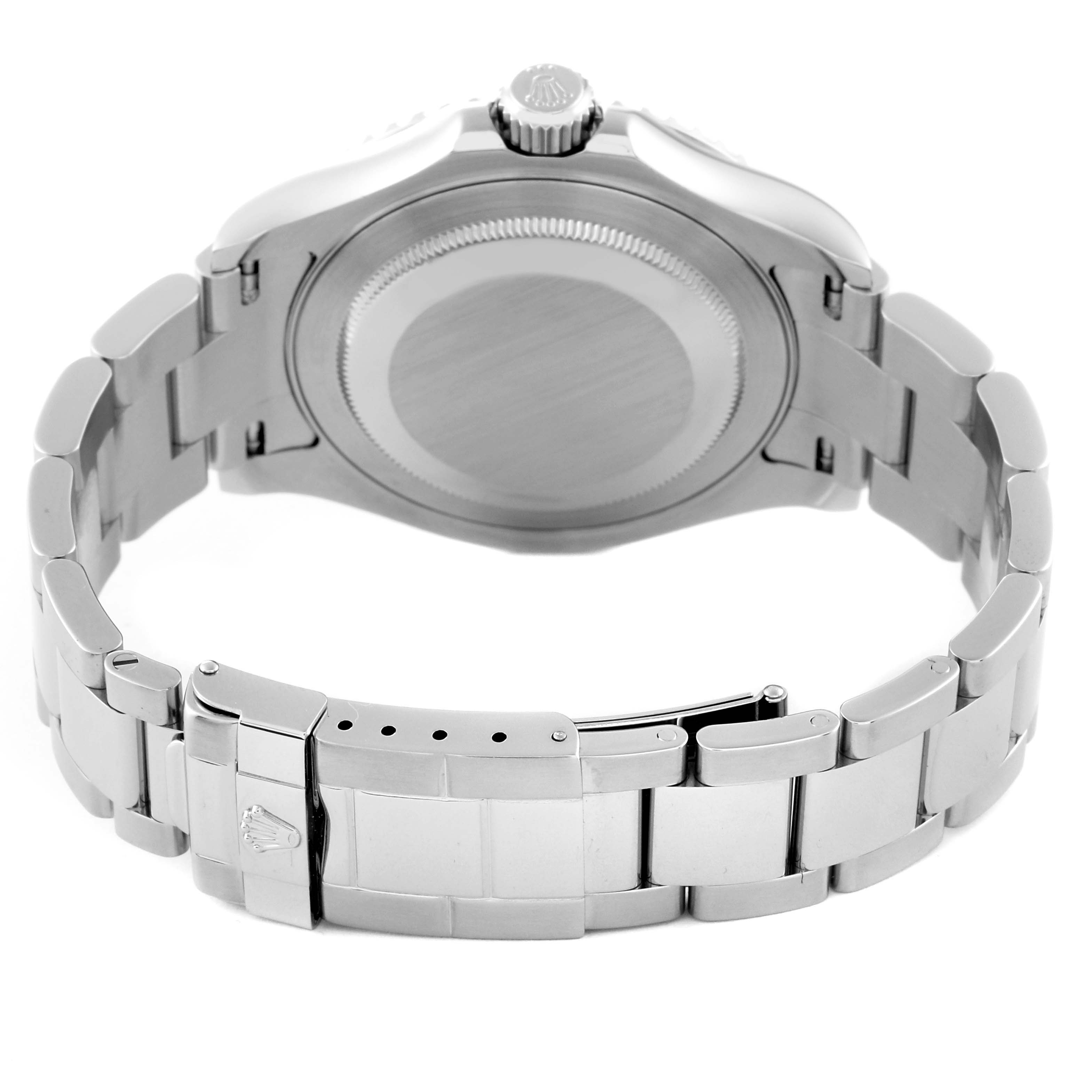 This image shows the back and bracelet of the Rolex Yacht-Master 16622 Men's Stainless Steel Silver Dial 16622 Men's Stainless Steel Silver Dial watch from a straight-on rear angle.
