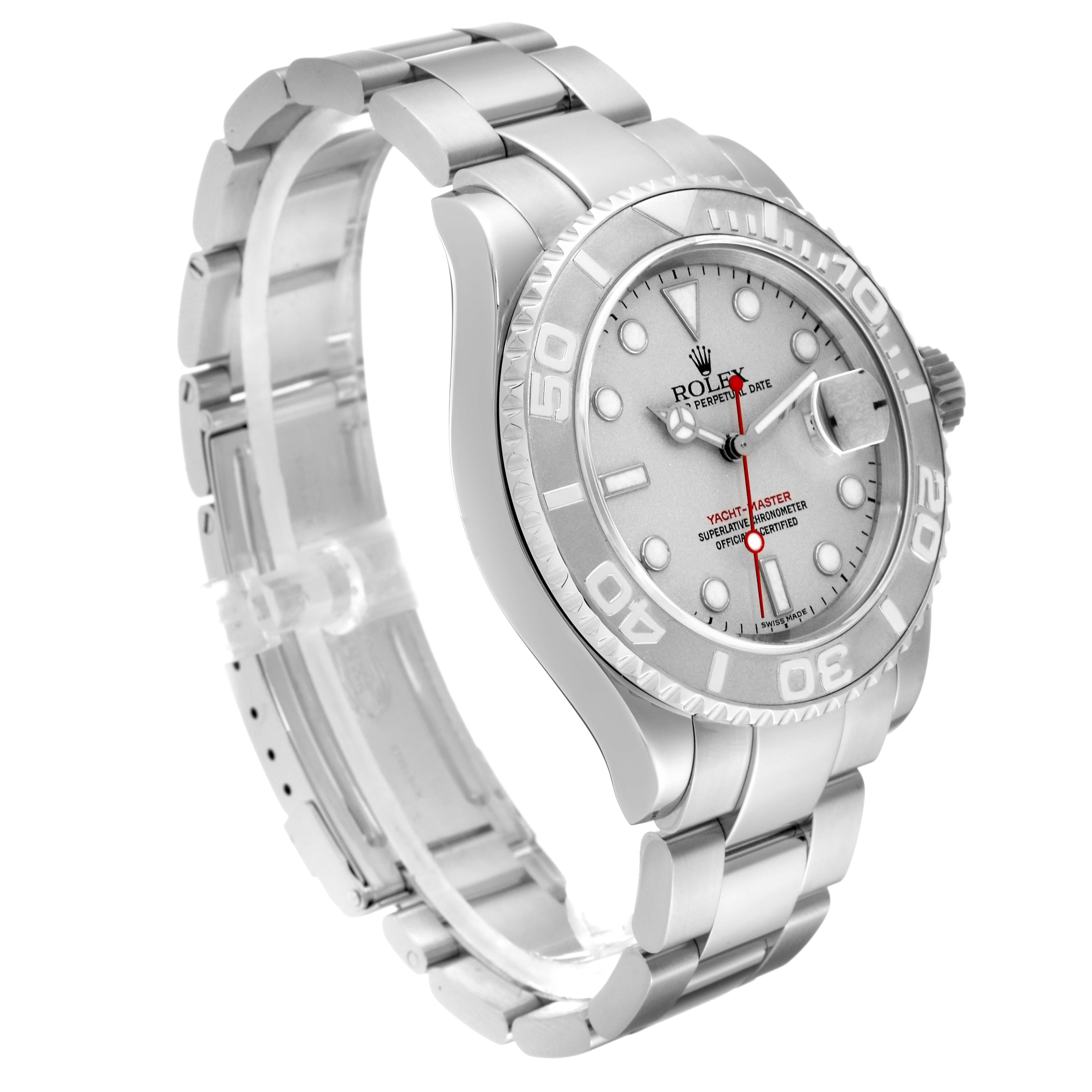 The image shows a side angle of the Rolex Yacht-Master 16622 Men's Stainless Steel Silver Dial 16622 Men's Stainless Steel Silver Dial watch, highlighting its bezel, face, and bracelet.