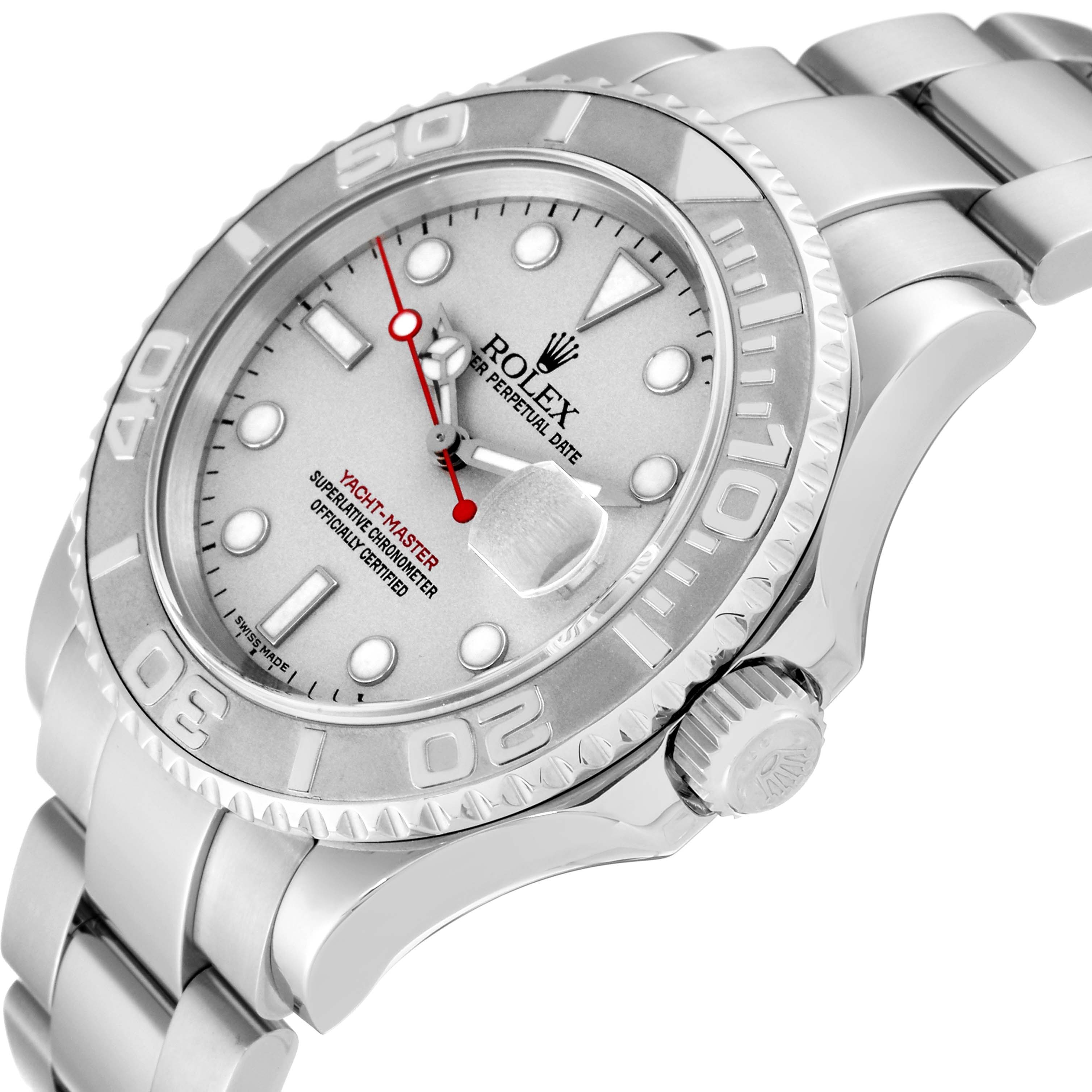 The image shows the Rolex Yacht-Master 16622 Men's Stainless Steel Silver Dial 16622 Men's Stainless Steel Silver Dial watch from a slight angle, highlighting the face, bezel, crown, and part of the bracelet.