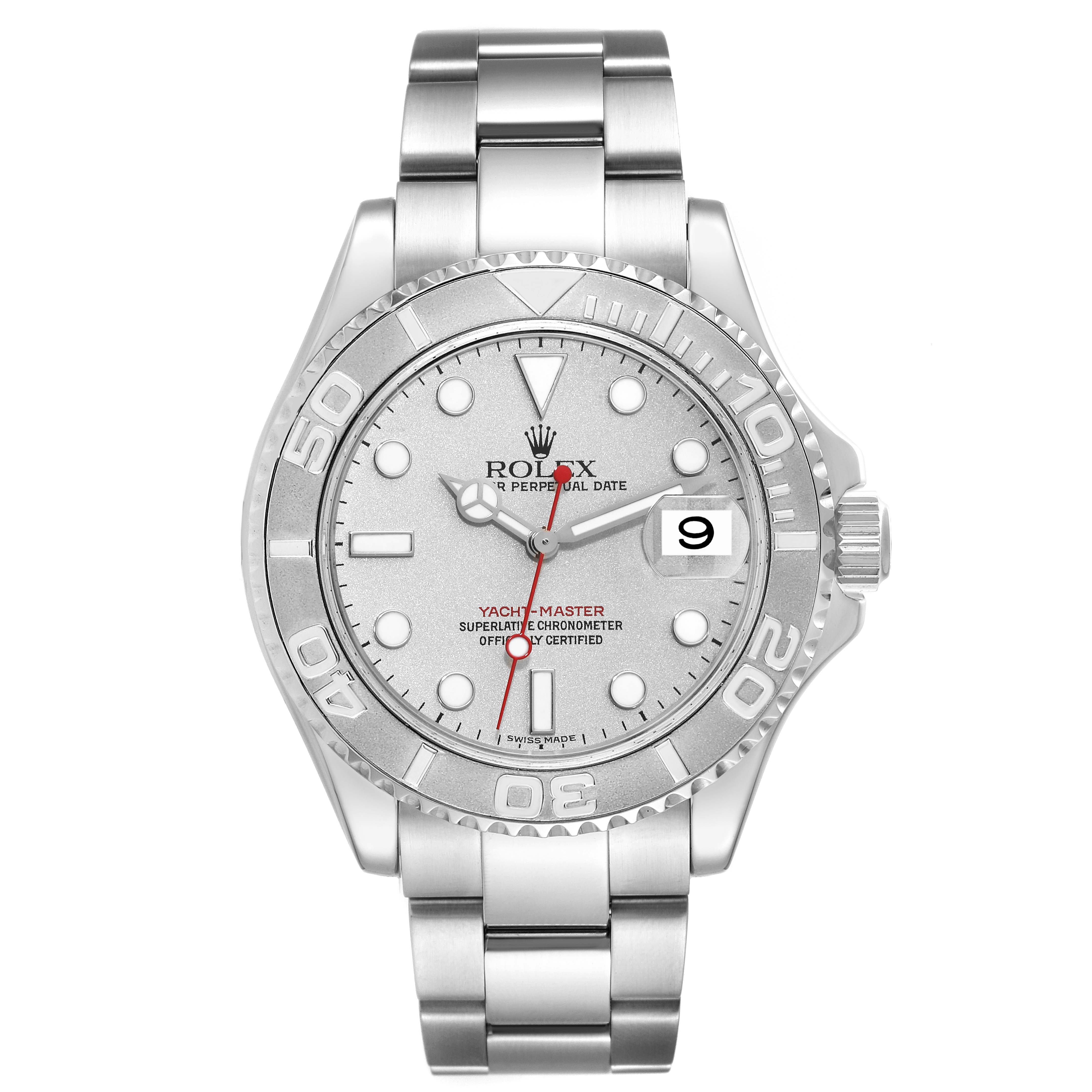 The image shows a front view of a Rolex Yacht-Master 16622 Men's Stainless Steel Silver Dial 16622 Men's Stainless Steel Silver Dial watch, highlighting the dial, bezel, bracelet, and date window.