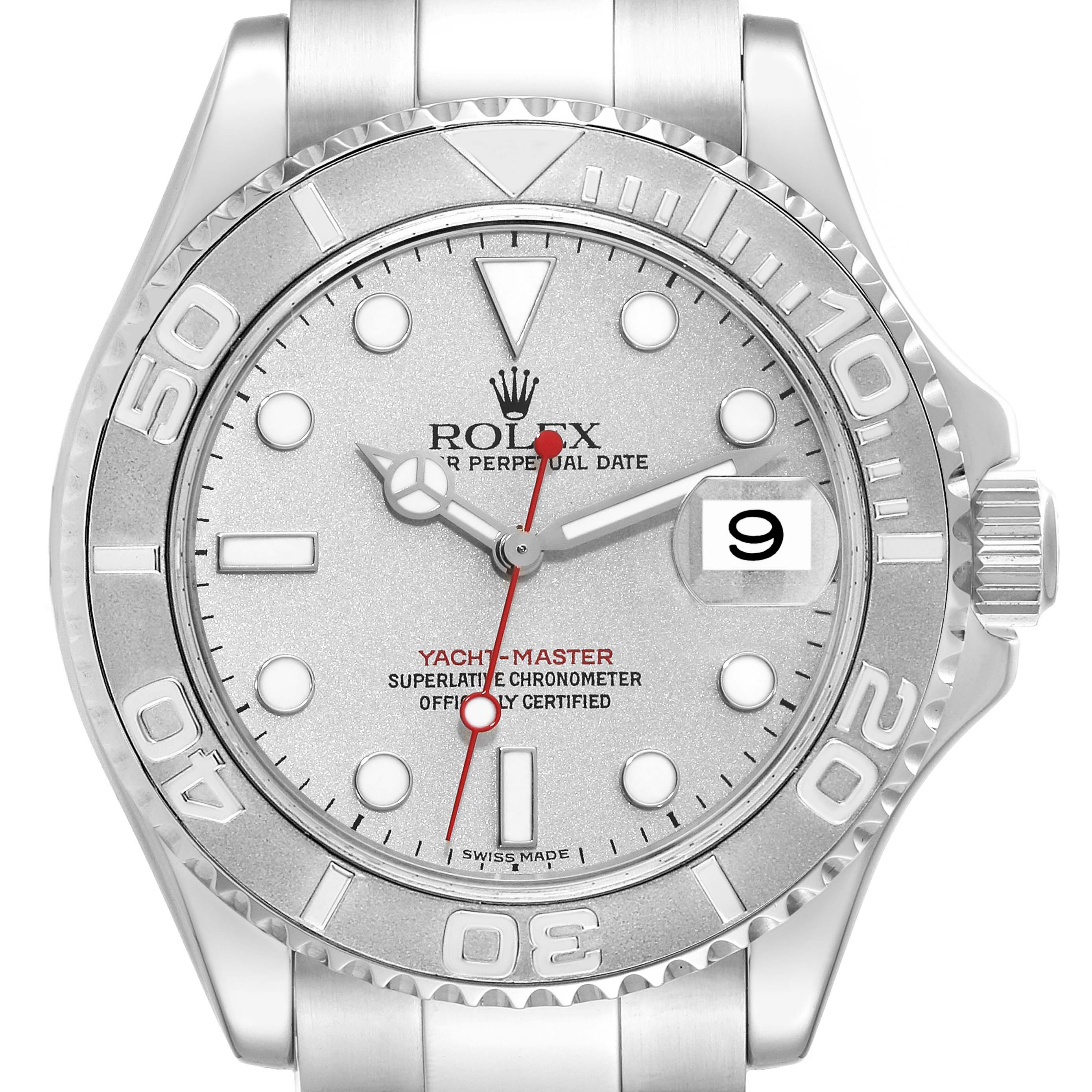 The Rolex Yacht-Master 16622 Men's Stainless Steel Silver Dial 16622 Men's Stainless Steel Silver Dial watch is shown from a front angle, displaying the face, bezel, and part of the band.