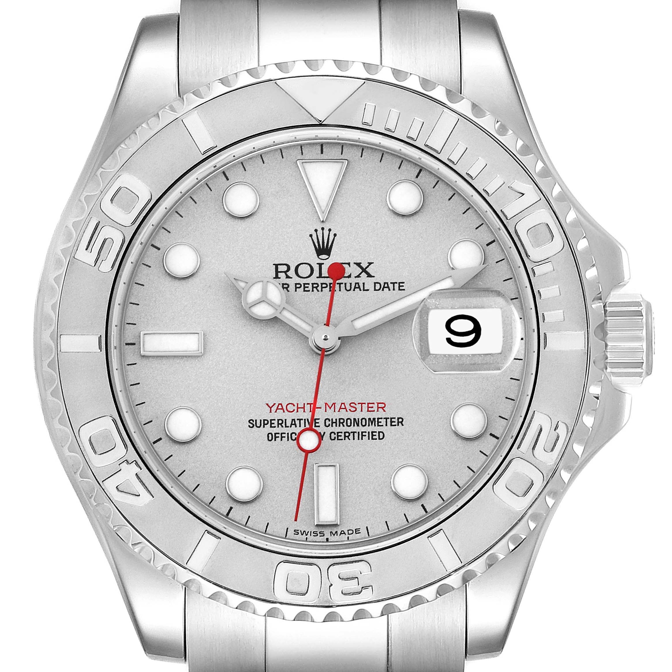 The image shows a front view of the Rolex Yacht-Master 16622 Men
s Stainless Steel Silver Dial 16622 Men
s Stainless Steel Silver Dial watch, highlighting the bezel, face, and bracelet.