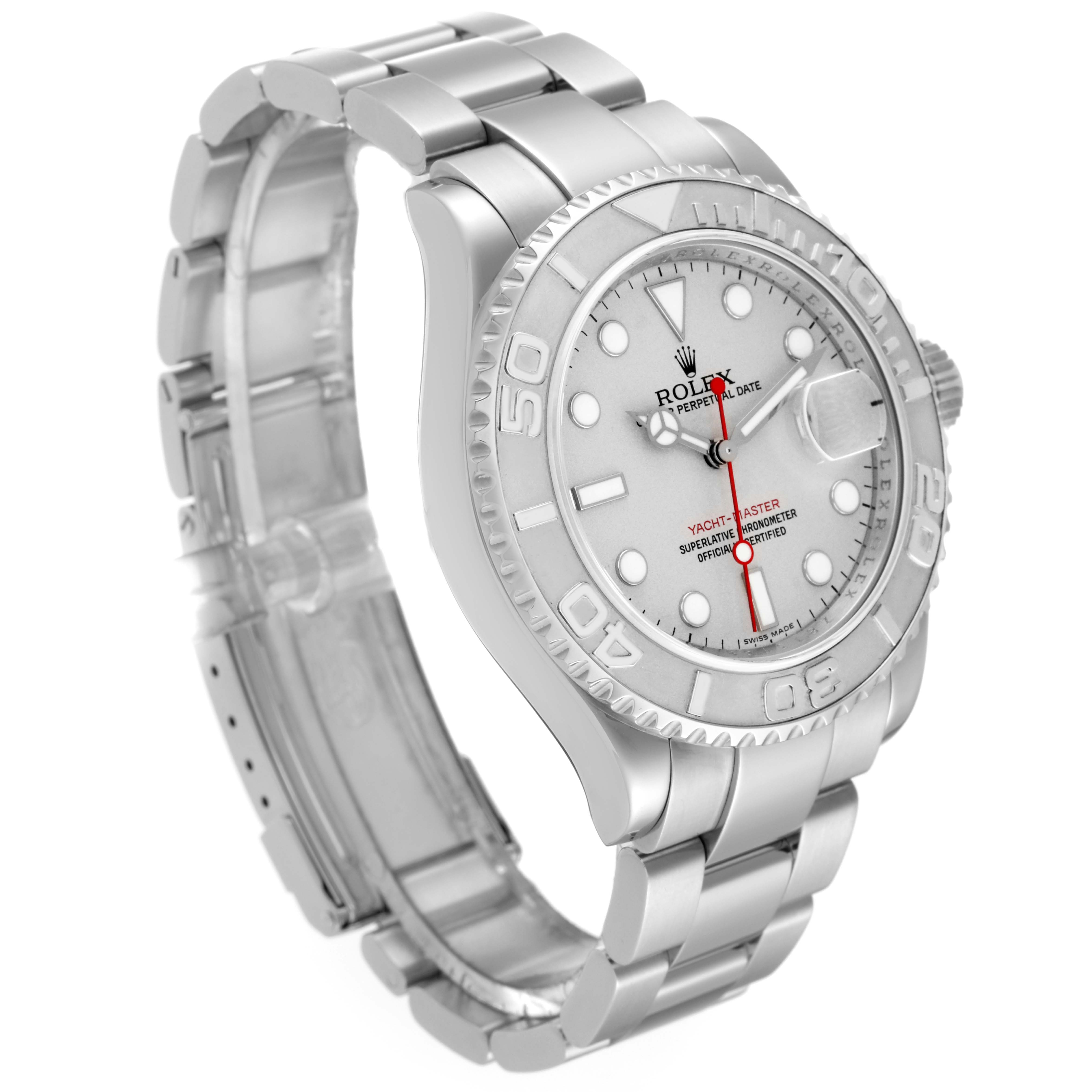 This image shows a Rolex Yacht-Master 16622 Men
s Stainless Steel Silver Dial 16622 Men
s Stainless Steel Silver Dial watch at a side angle, displaying its full bracelet, bezel, and dial.