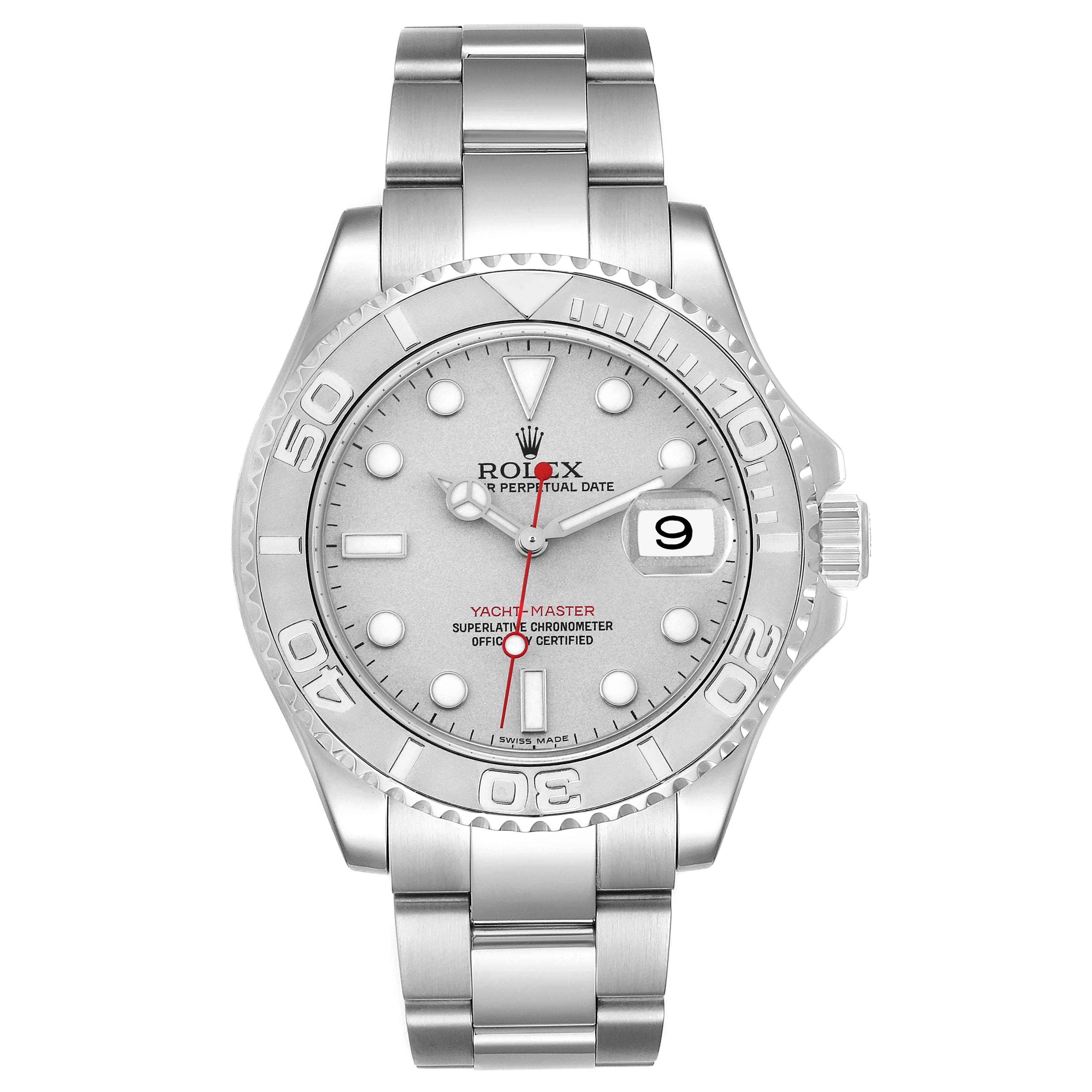 The image shows a front view of a Rolex Yacht-Master 16622 Men
s Stainless Steel Silver Dial 16622 Men
s Stainless Steel Silver Dial watch, featuring the dial, bezel, and bracelet.