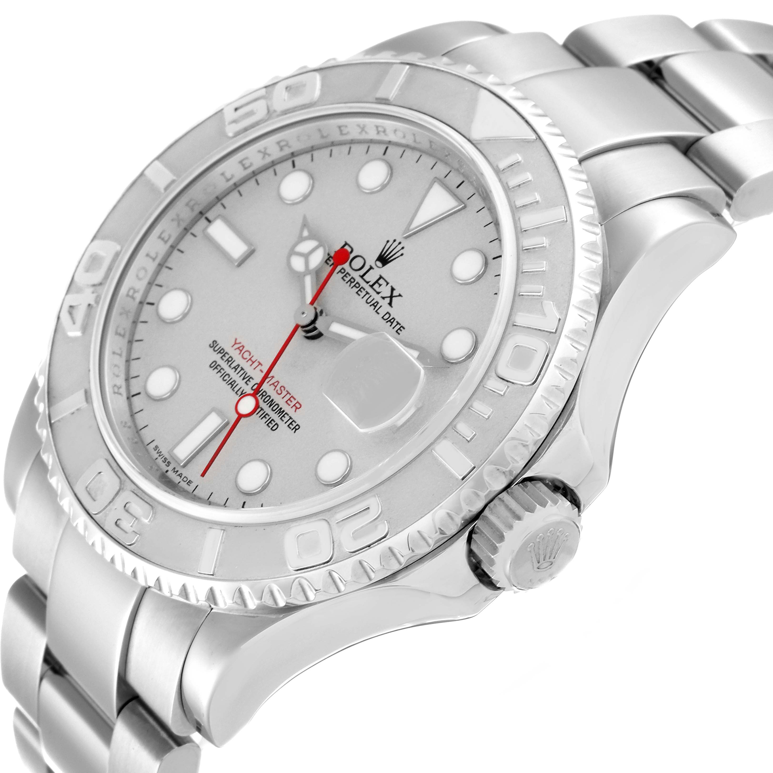 The image shows a side angle of a Rolex Yacht-Master 16622 Men
s Stainless Steel Silver Dial 16622 Men
s Stainless Steel Silver Dial watch, highlighting its bezel, crown, dial, and bracelet.