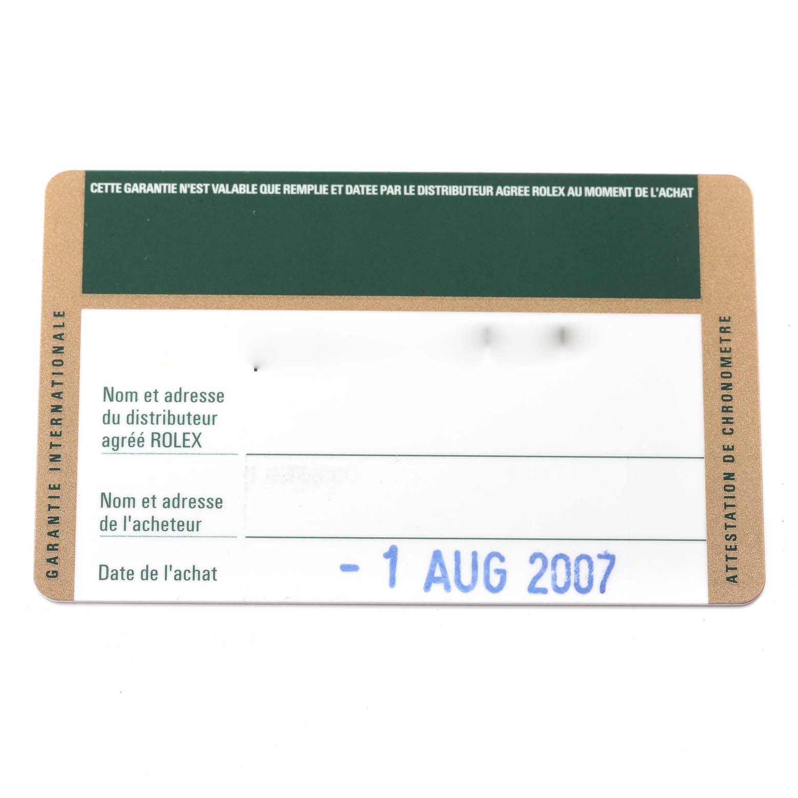 The image shows the guarantee card for the Rolex Yacht-Master 16622 Men
s Stainless Steel Silver Dial 16622 Men
s Stainless Steel Silver Dial, dated August 1, 2007.