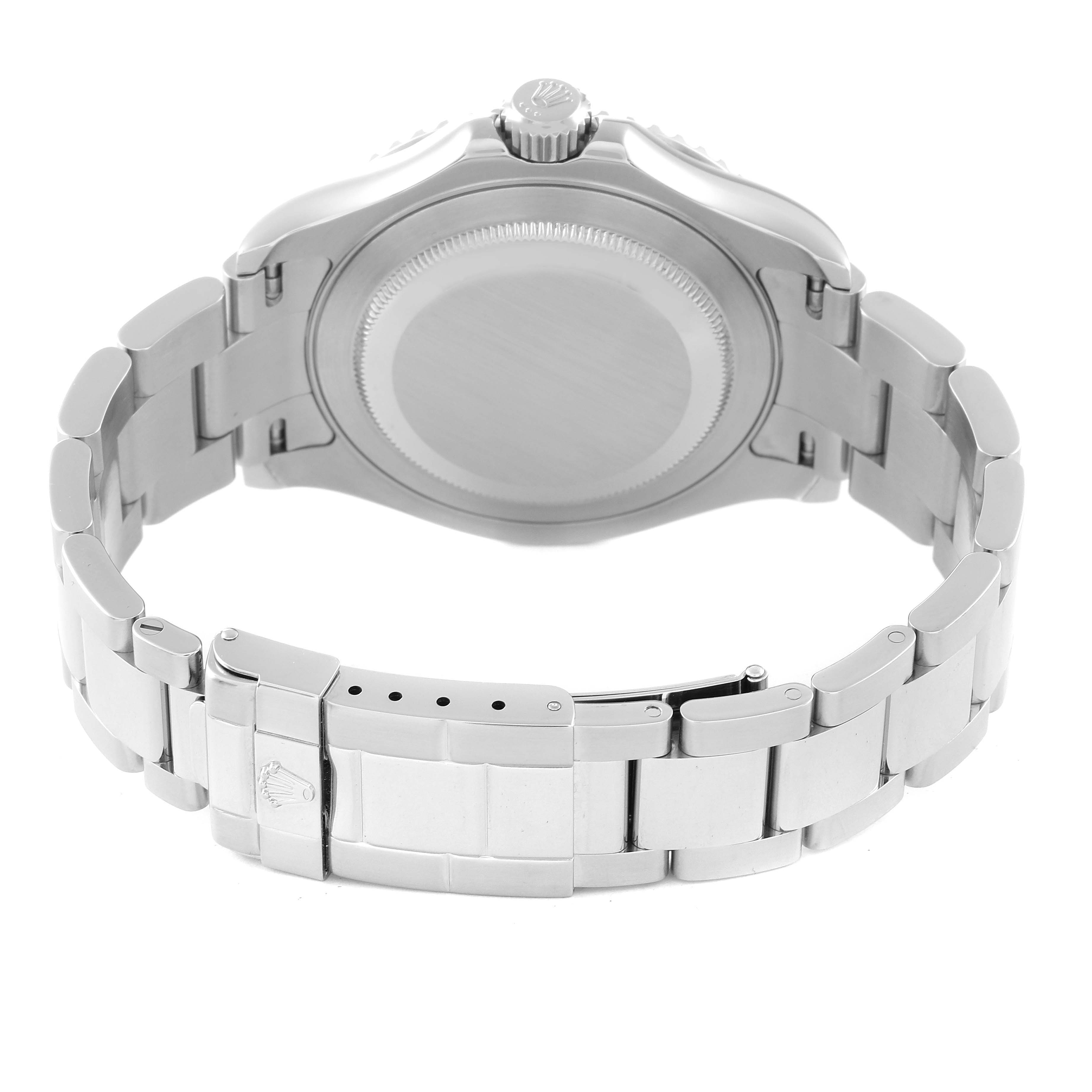 This image shows the back view and bracelet of the Rolex Yacht-Master 16622 Men
s Stainless Steel Silver Dial 16622 Men
s Stainless Steel Silver Dial watch, highlighting the clasp and case back.