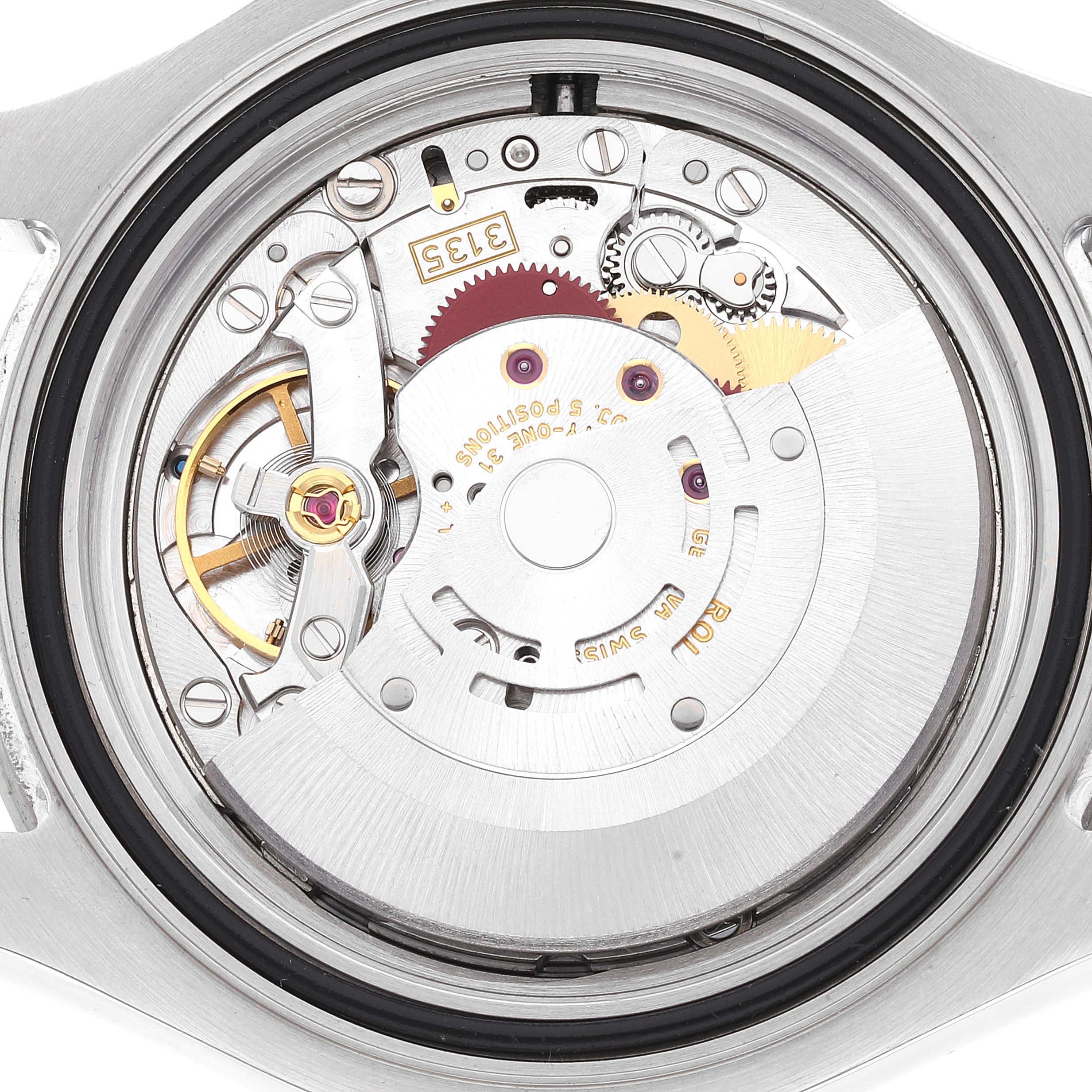 The image shows the internal mechanical movement of a Rolex Yacht-Master 16622 Men
s Stainless Steel Silver Dial 16622 Men
s Stainless Steel Silver Dial watch viewed from the back, revealing various gears and components.