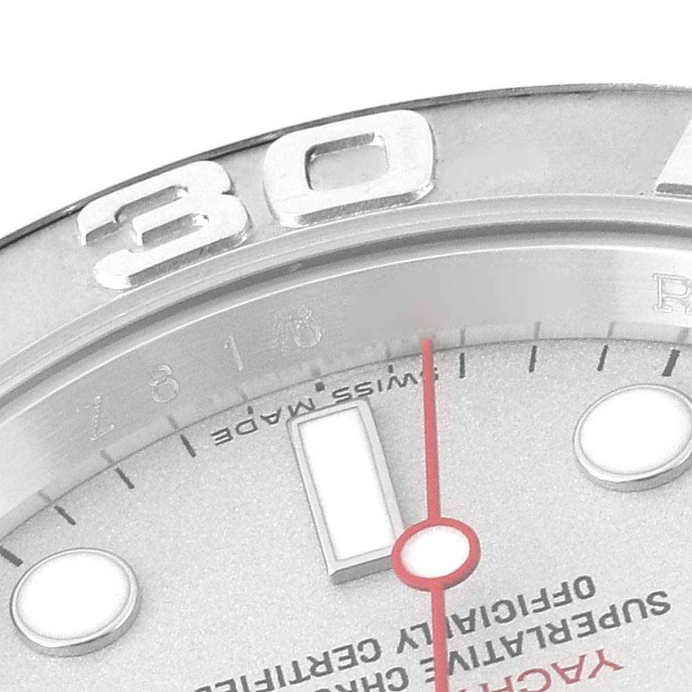 This close-up image shows the bezel, part of the dial, and the second hand of a Rolex Yacht-Master 16622 Men
s Stainless Steel Silver Dial 16622 Men
s Stainless Steel Silver Dial watch.