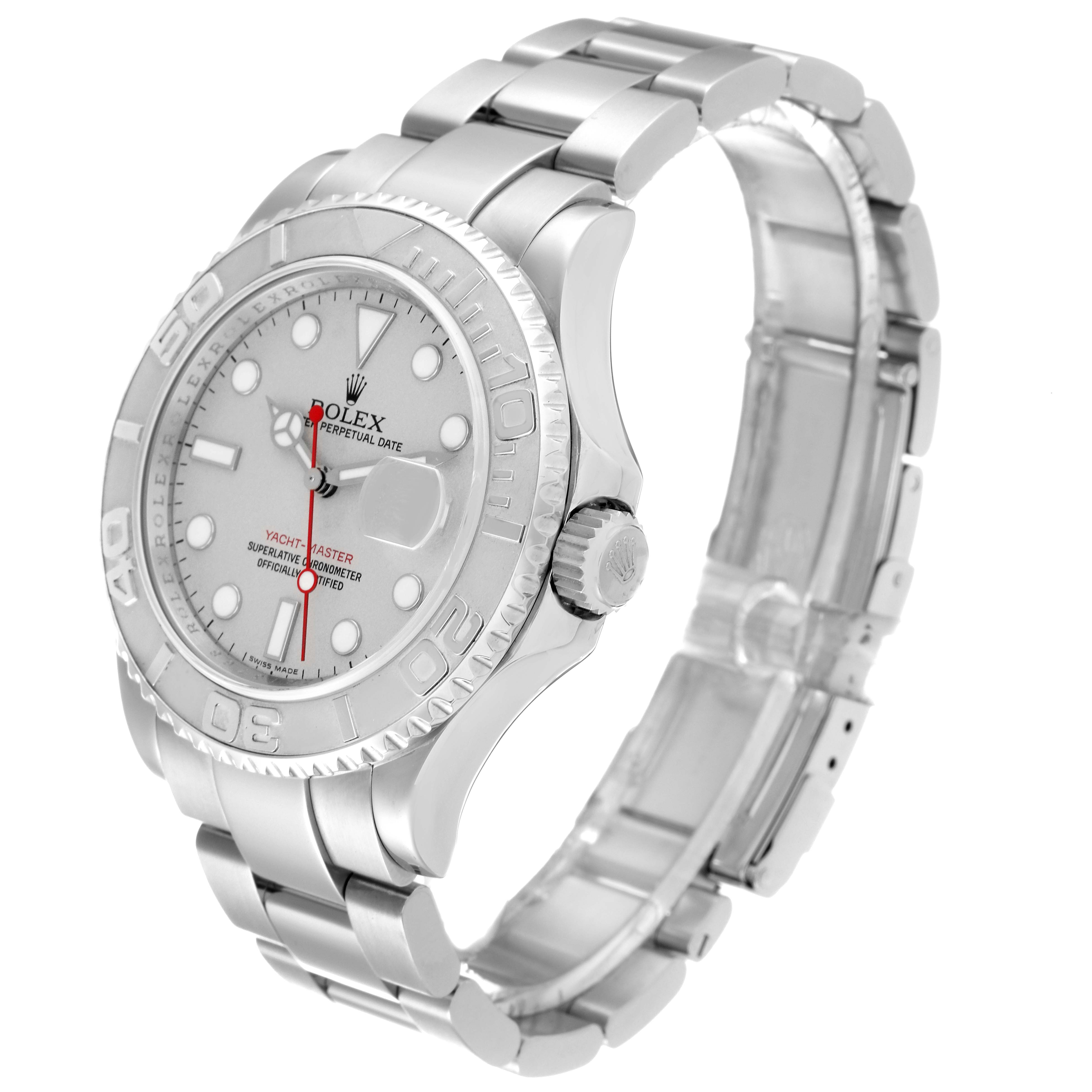 The Rolex Yacht-Master 16622 Men
s Stainless Steel Silver Dial 16622 Men
s Stainless Steel Silver Dial watch is shown at a side angle, displaying the bracelet, case, bezel, dial, and crown.